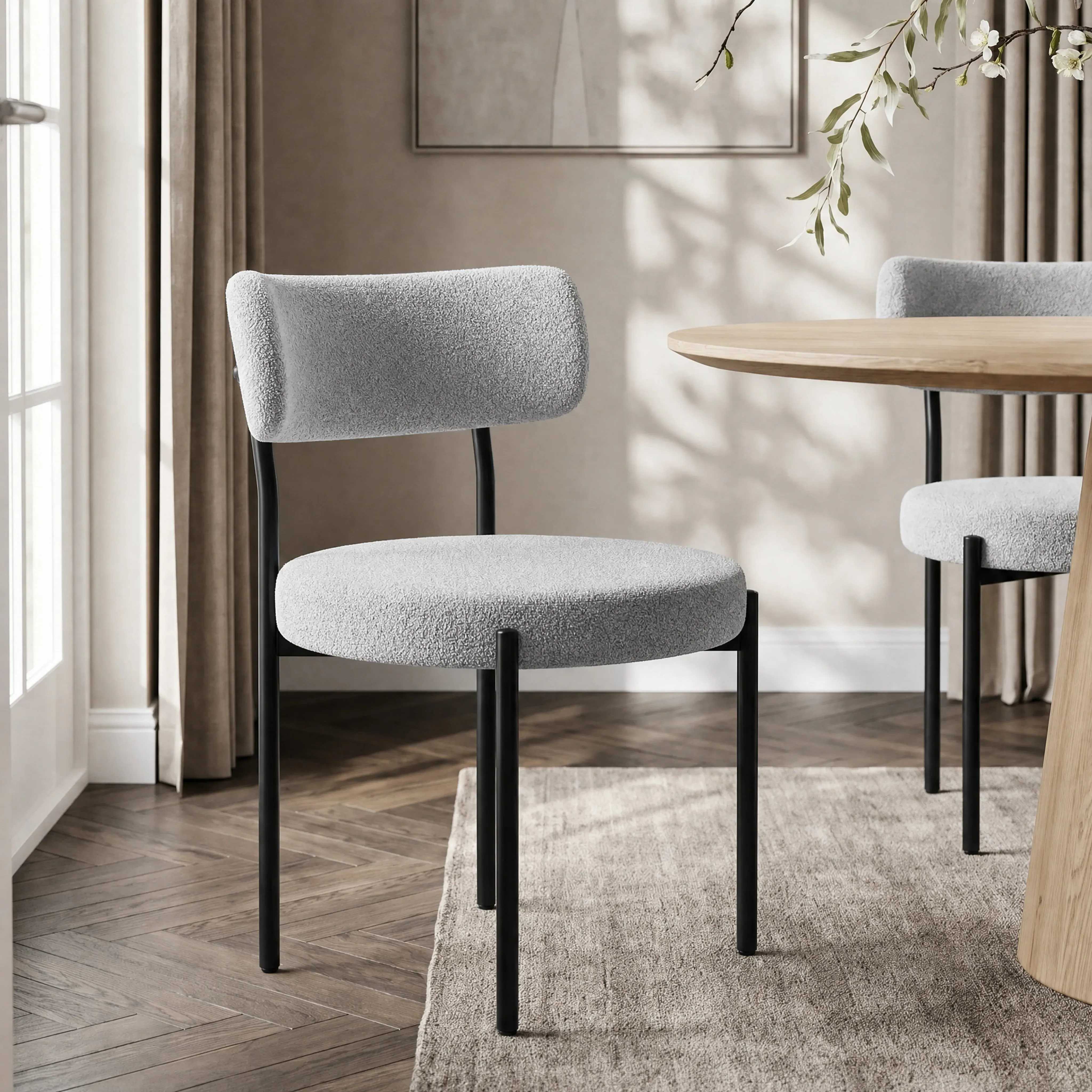 Boucle Dining Chairs Set of 4 with Curved Back - Light Grey product