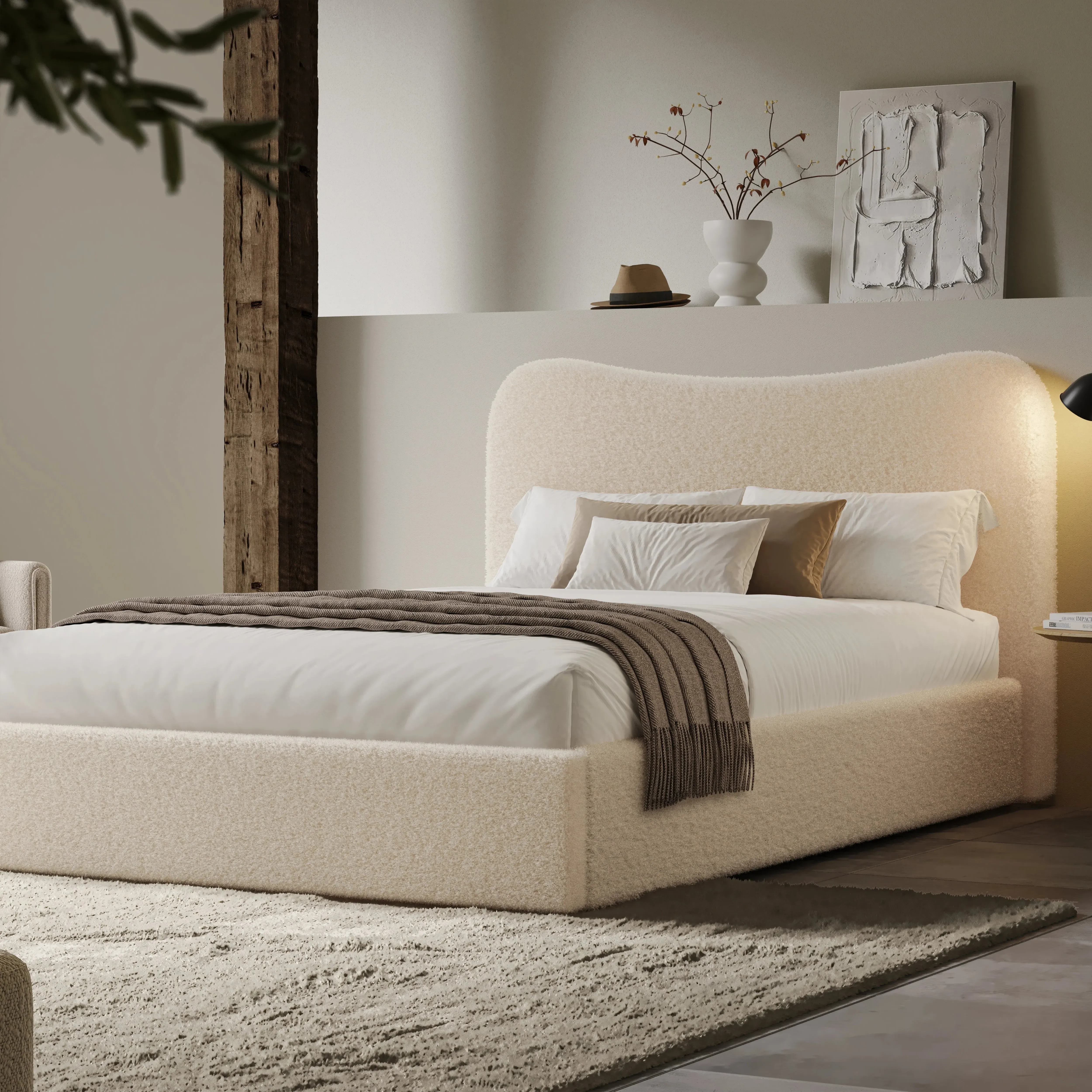 Boucle King Size Ottoman Storage Bed with Curved Headboard - Beige by Dream Home Store