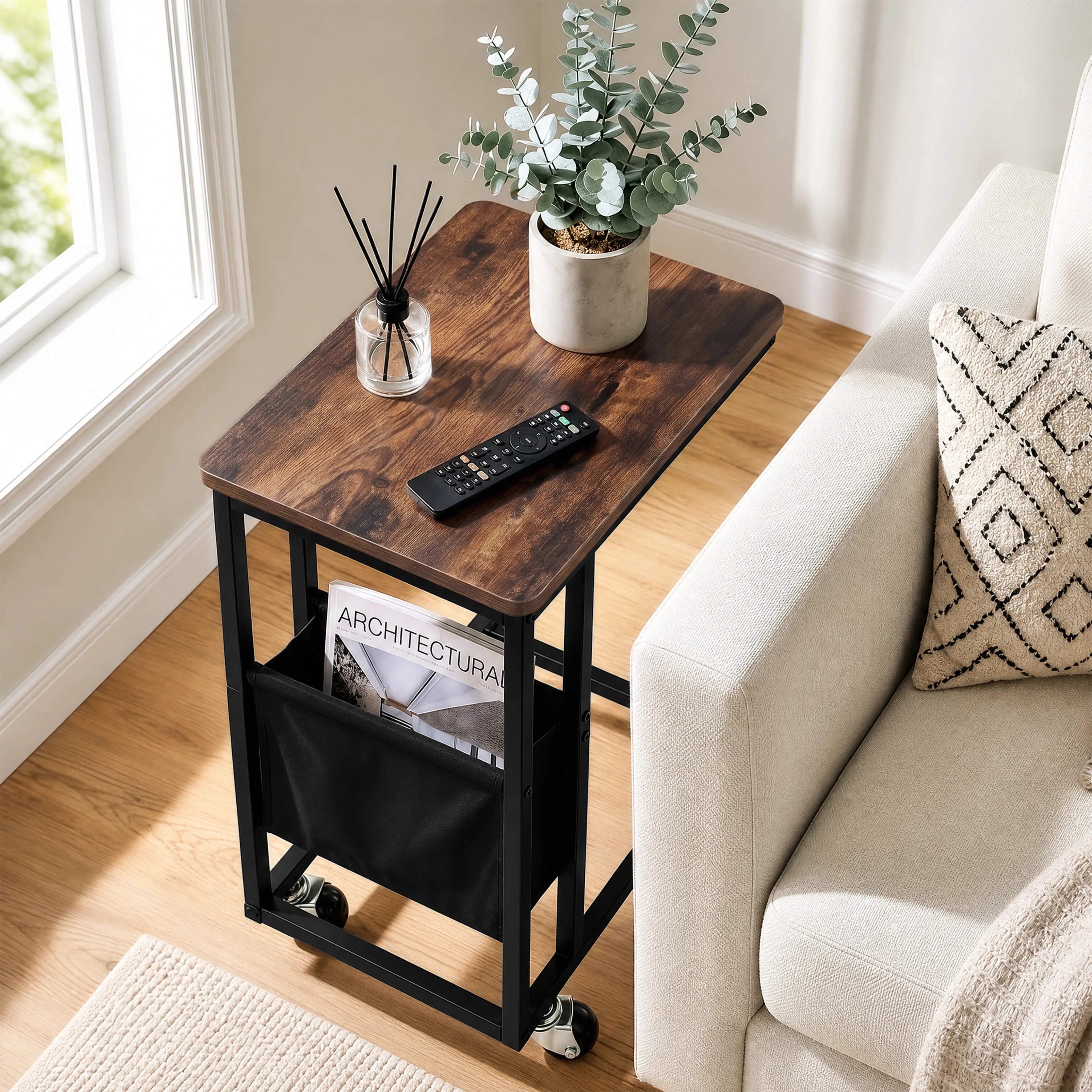 C-Shaped Side Table with Storage & Wheels - Rustic alternate view