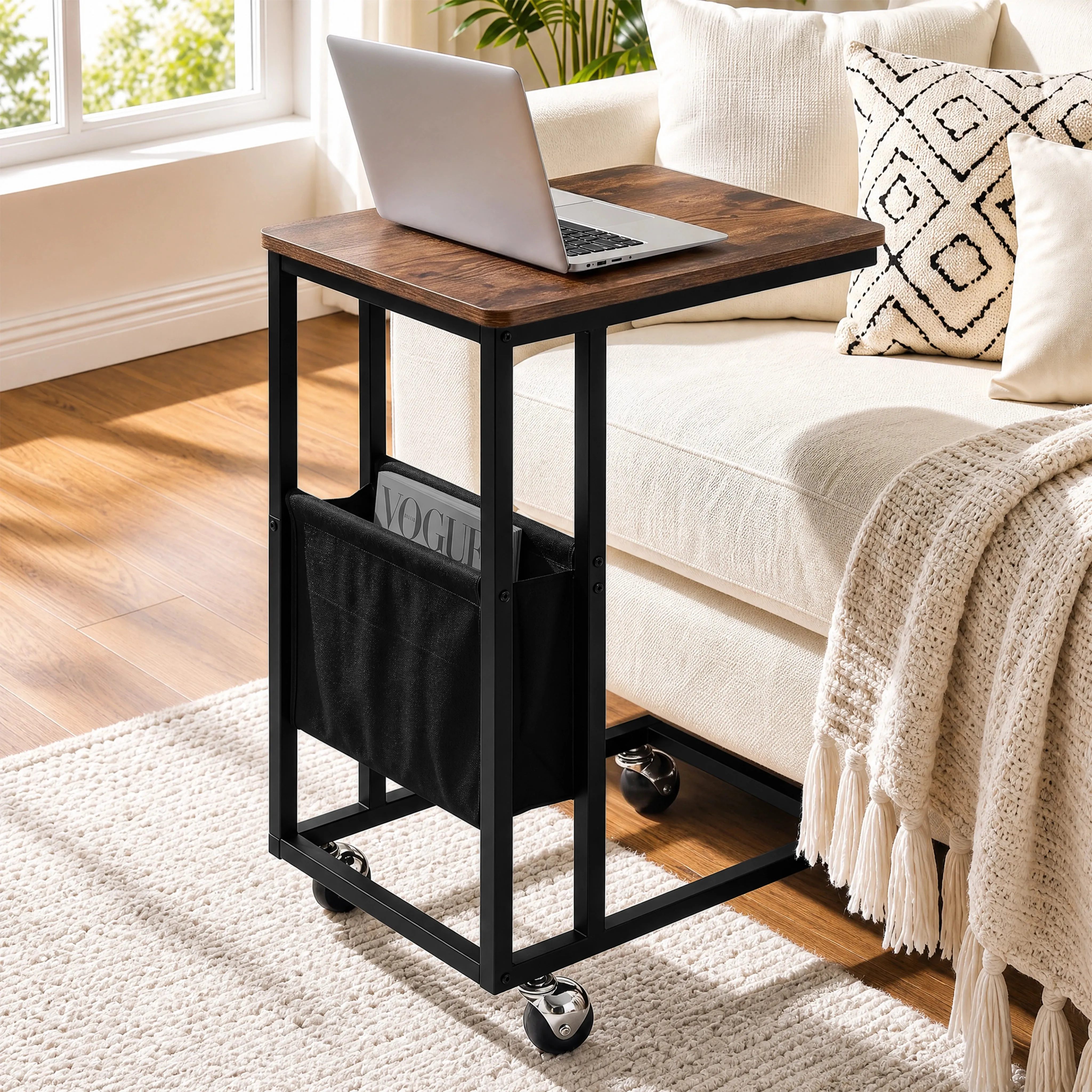 C-Shaped Side Table with Storage & Wheels - Rustic product