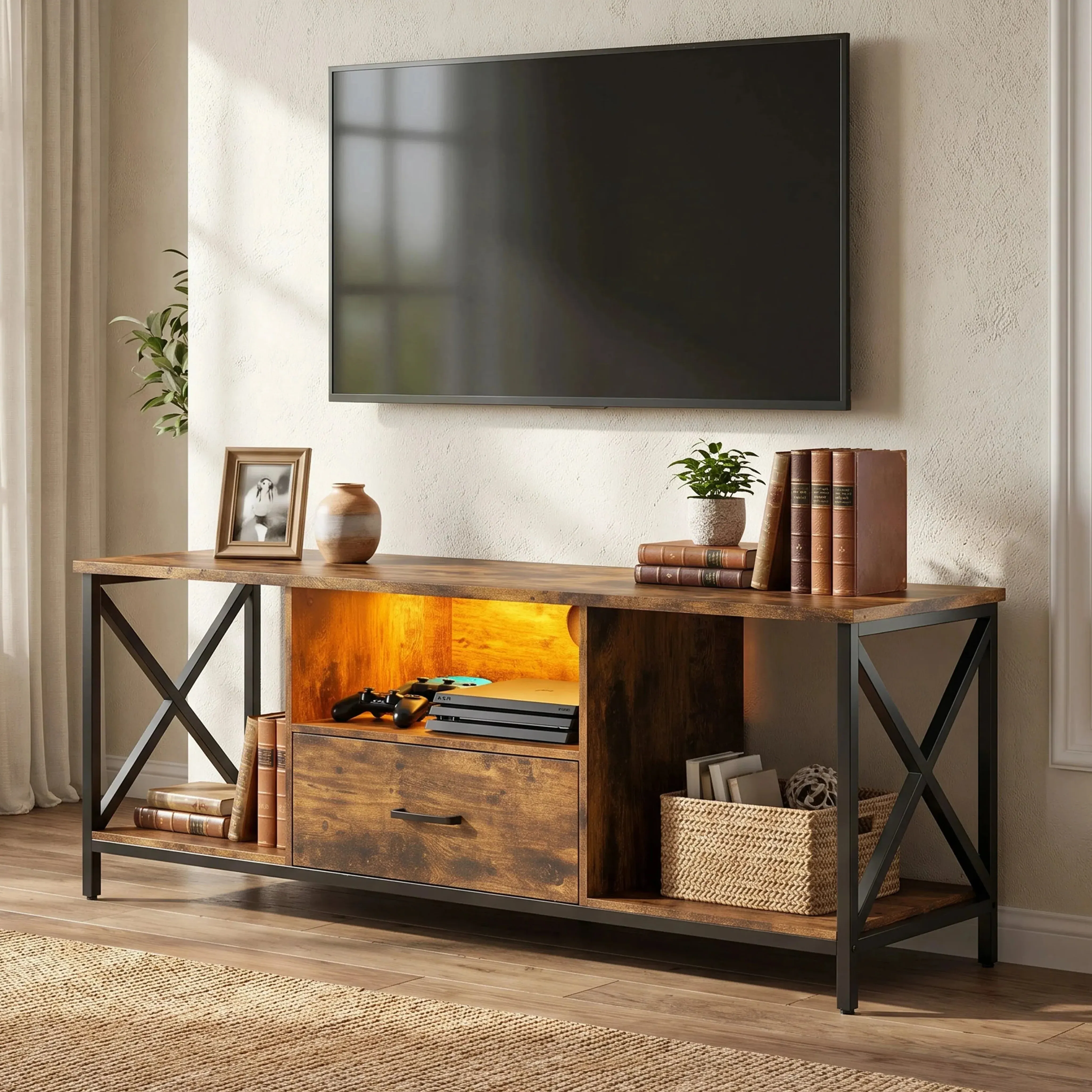 Calvera LED TV Stand with Storage - Rustic, Melamine product