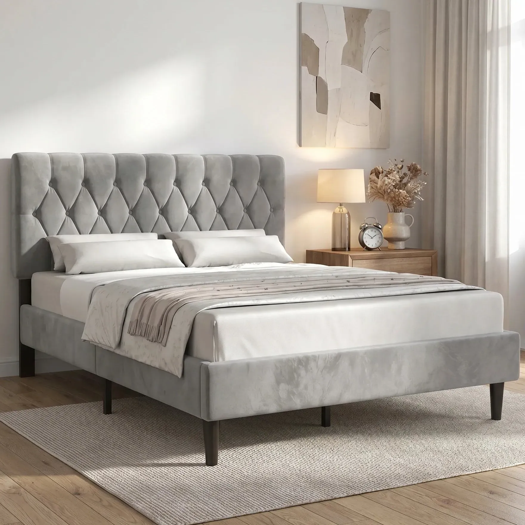 Chesterfield Double Bed Frame with Adjustable Headboard - Grey, Velvet alternate view