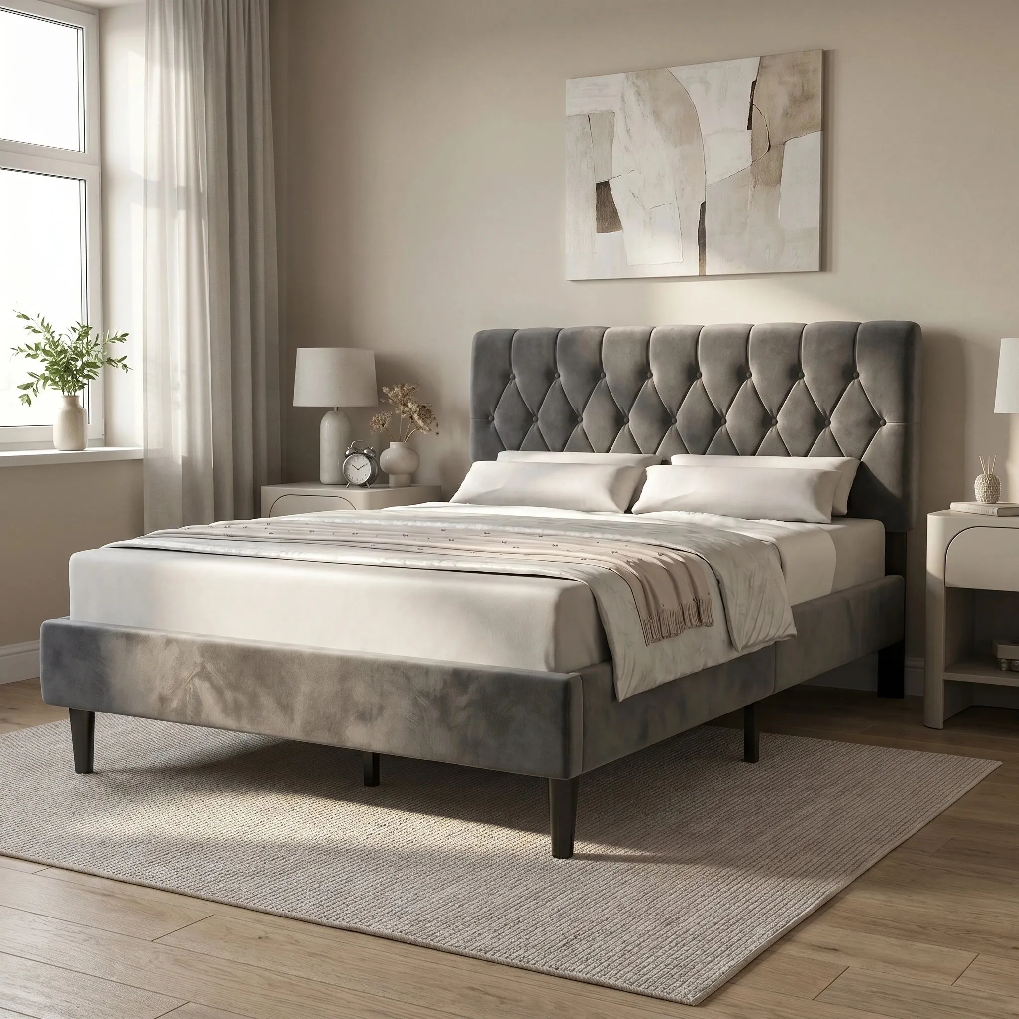 Chesterfield Double Bed Frame with Adjustable Headboard - Grey, Velvet product