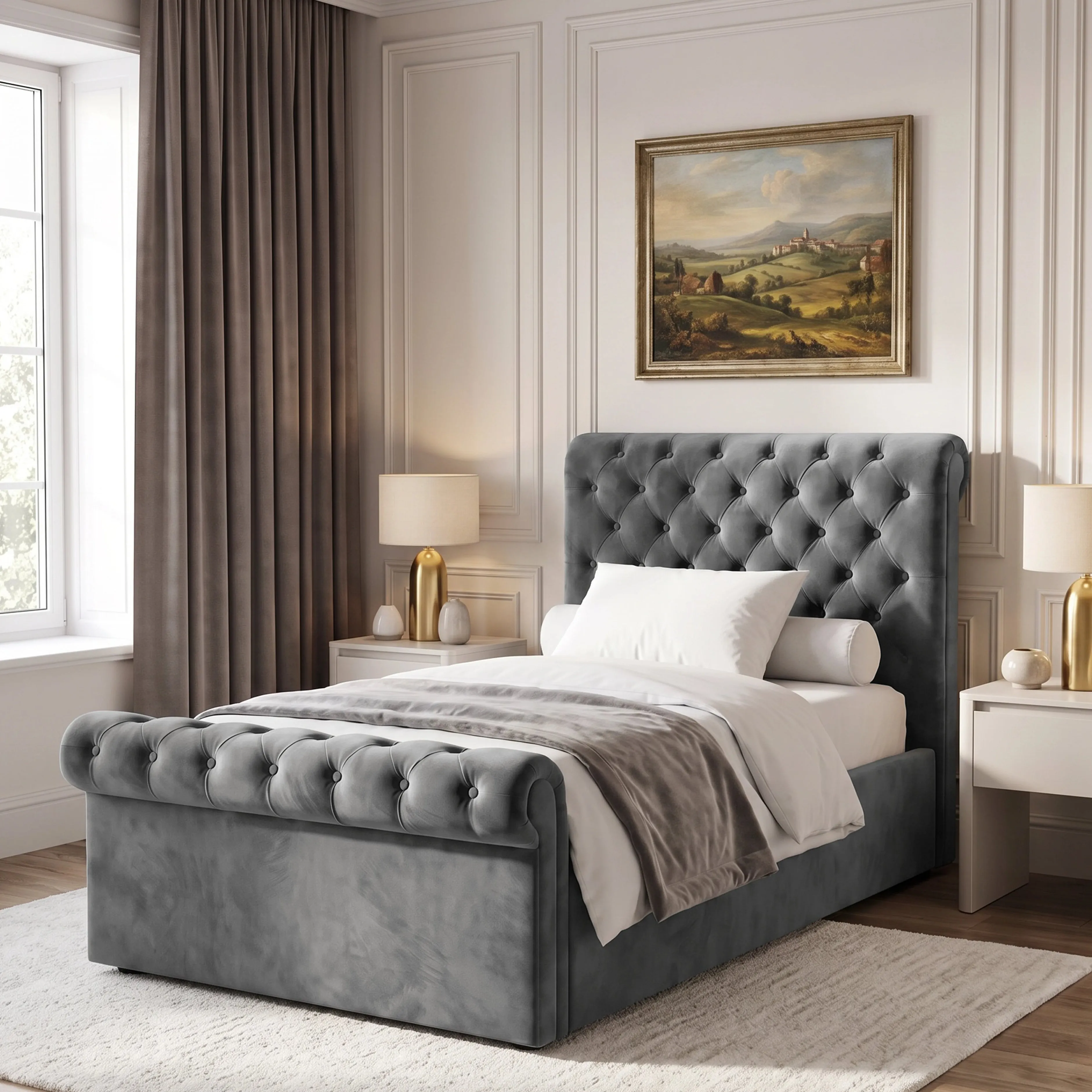 Chesterfield Single Ottoman Bed with Storage - Grey, Velvet alternate view