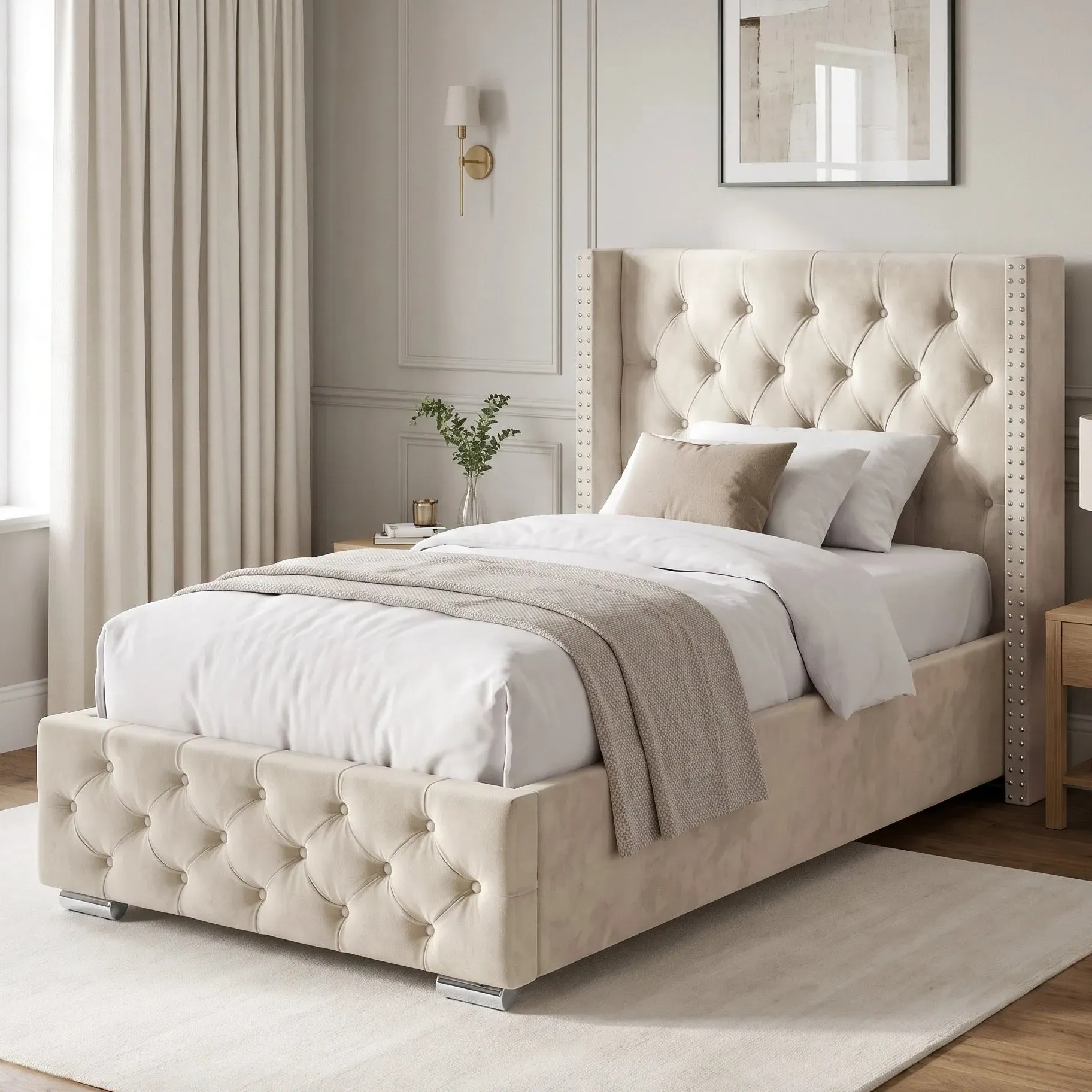 Cross Pattern Winged Single Ottoman Storage Bed - Beige, Velvet product