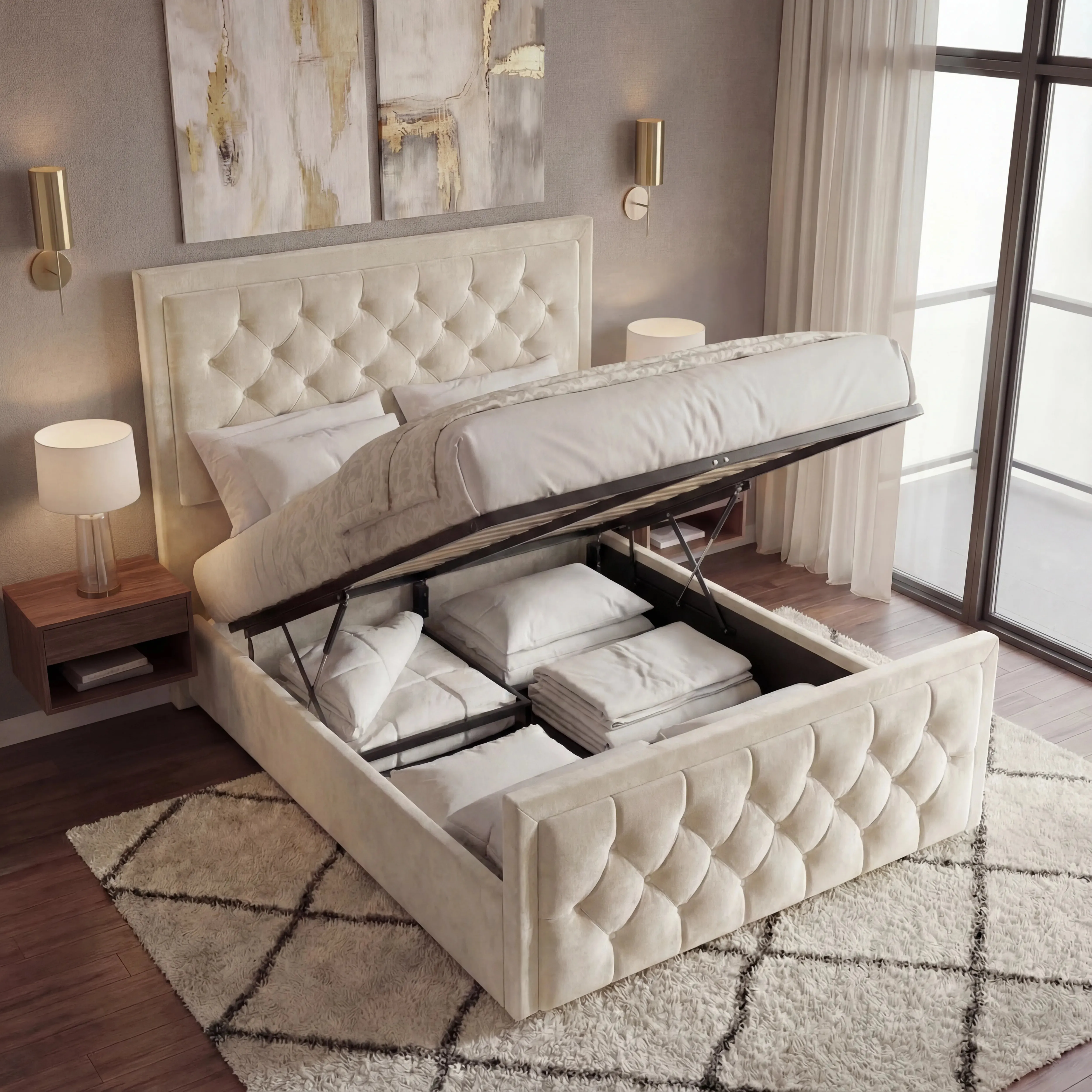 Cross Puffed Double Ottoman Storage Bed - Beige, Velvet alternate view