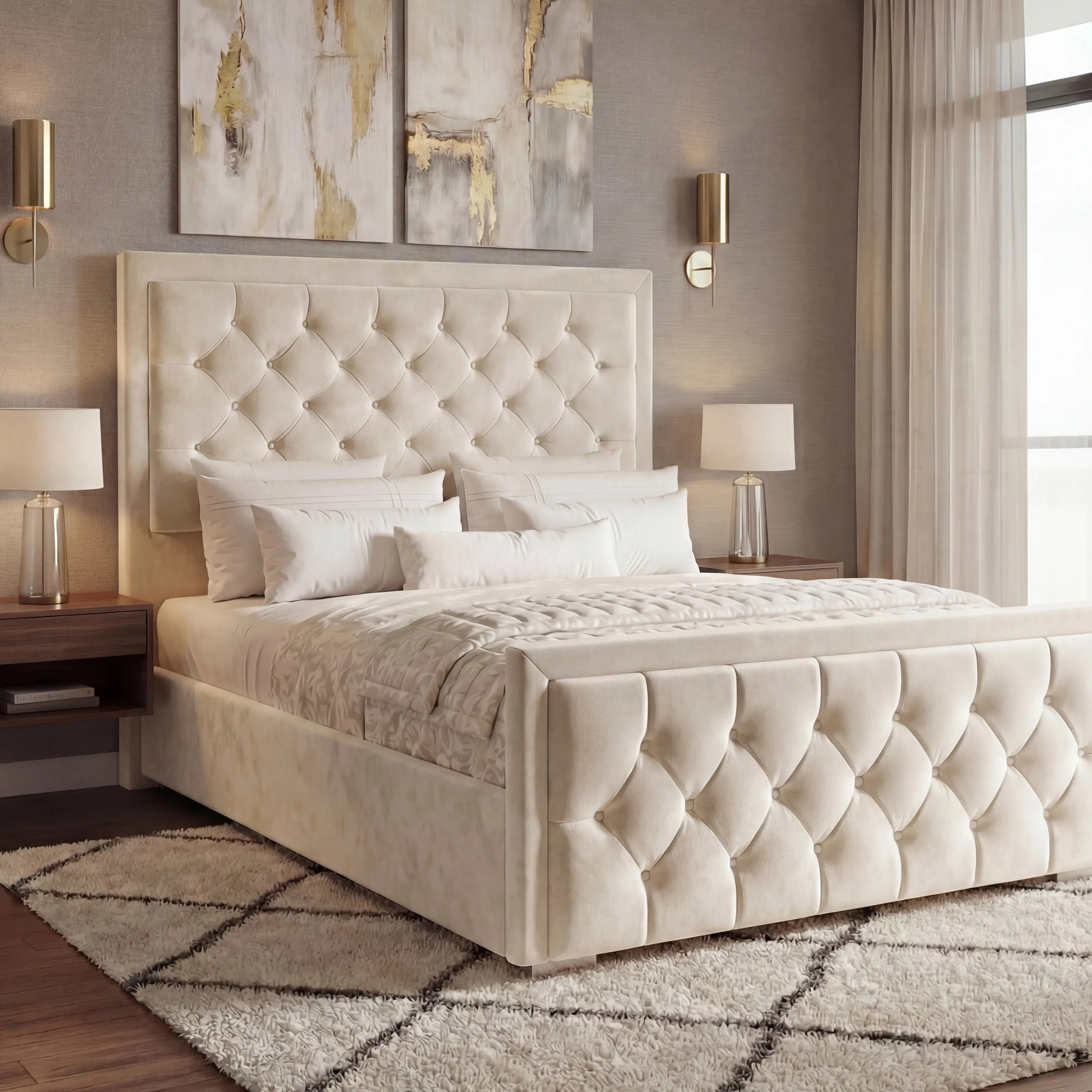 Cross Puffed Double Ottoman Storage Bed - Beige, Velvet product