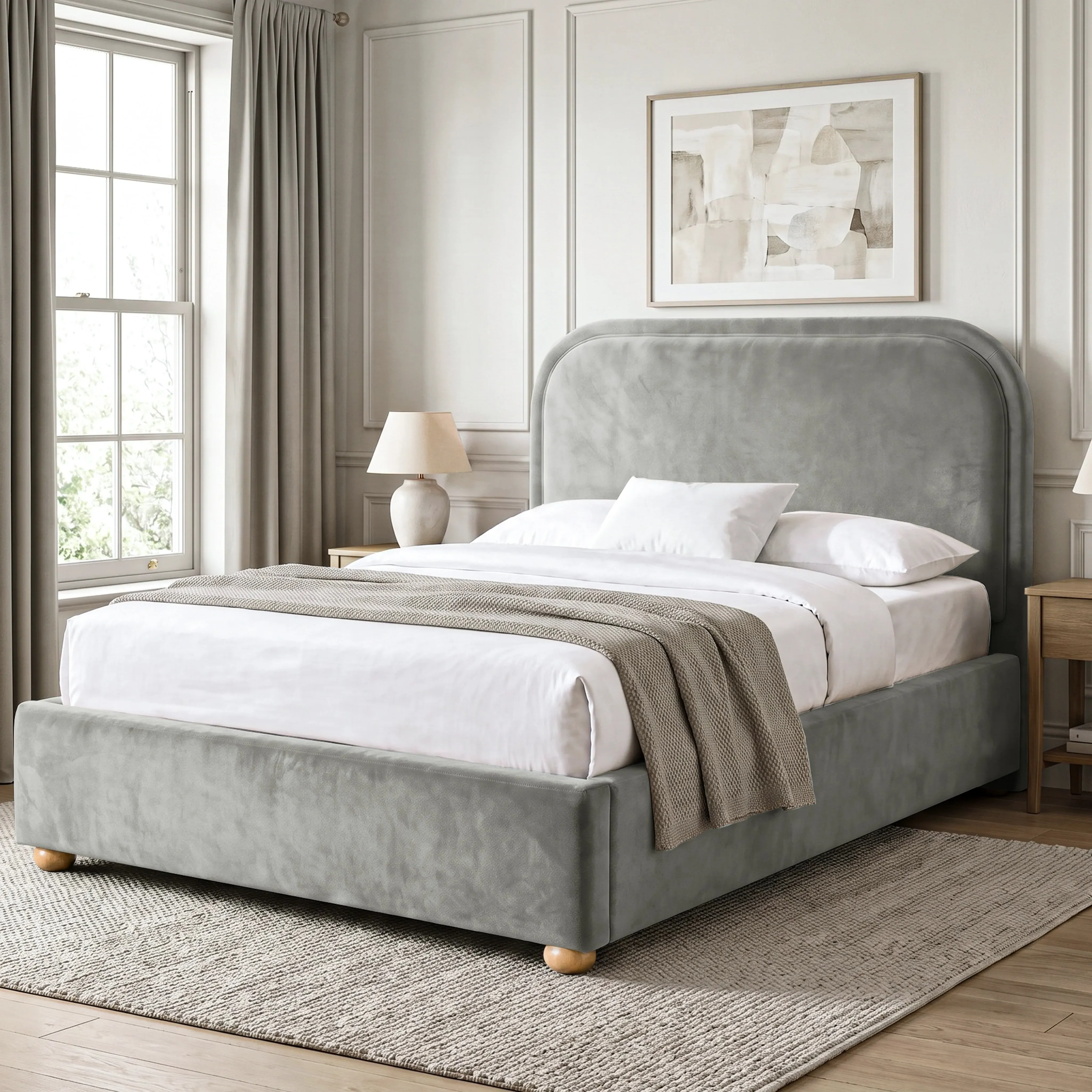 Curved King Size Ottoman Storage Bed - Grey, Velvet alternate view