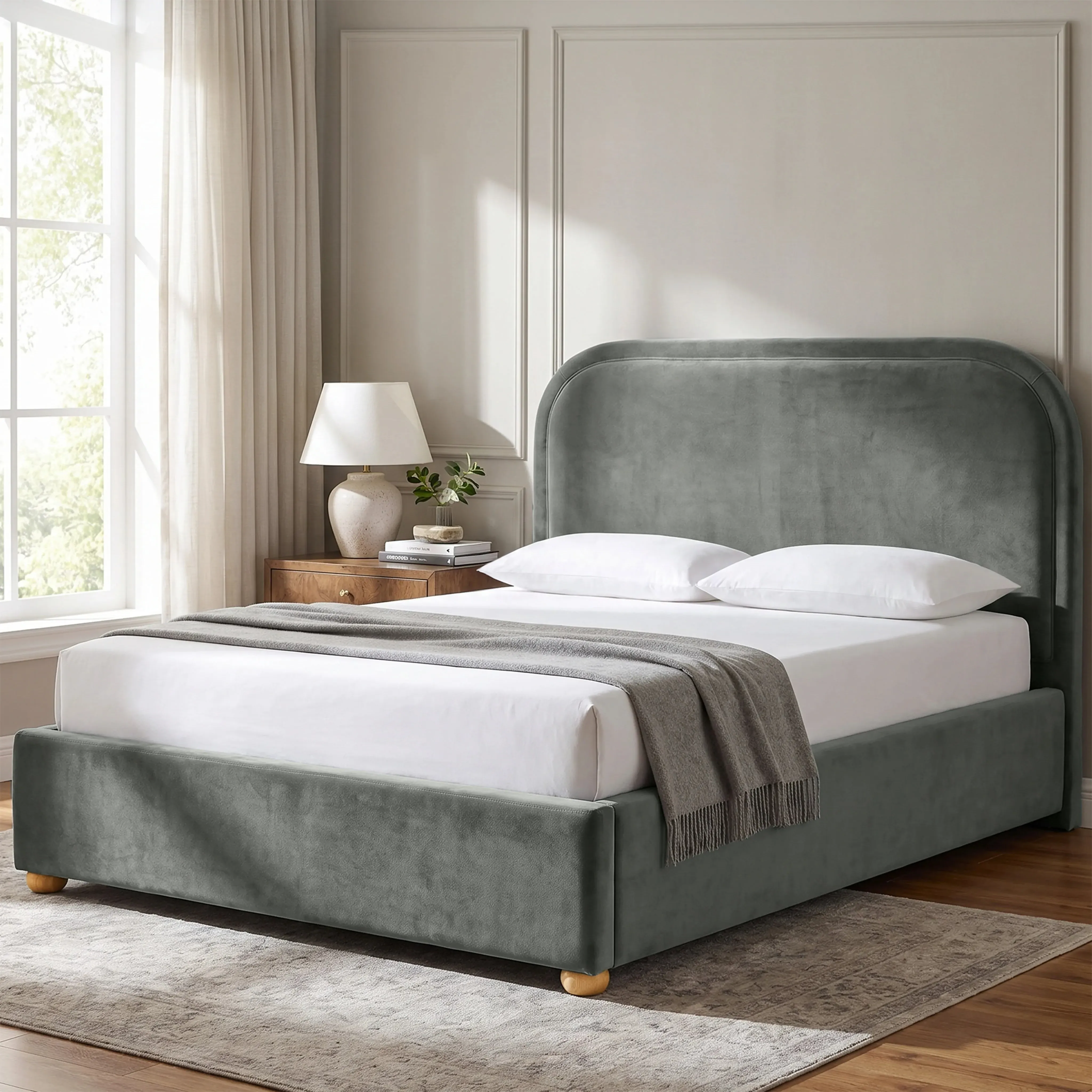 Curved King Size Ottoman Storage Bed - Grey, Velvet product