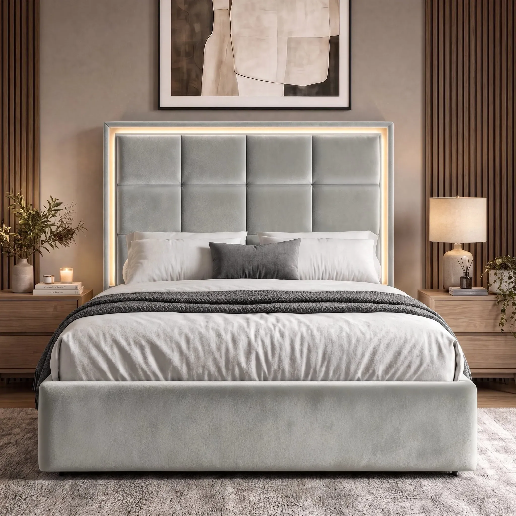 Double Ottoman Storage Bed Frame with LED - Light Grey, Velvet alternate view
