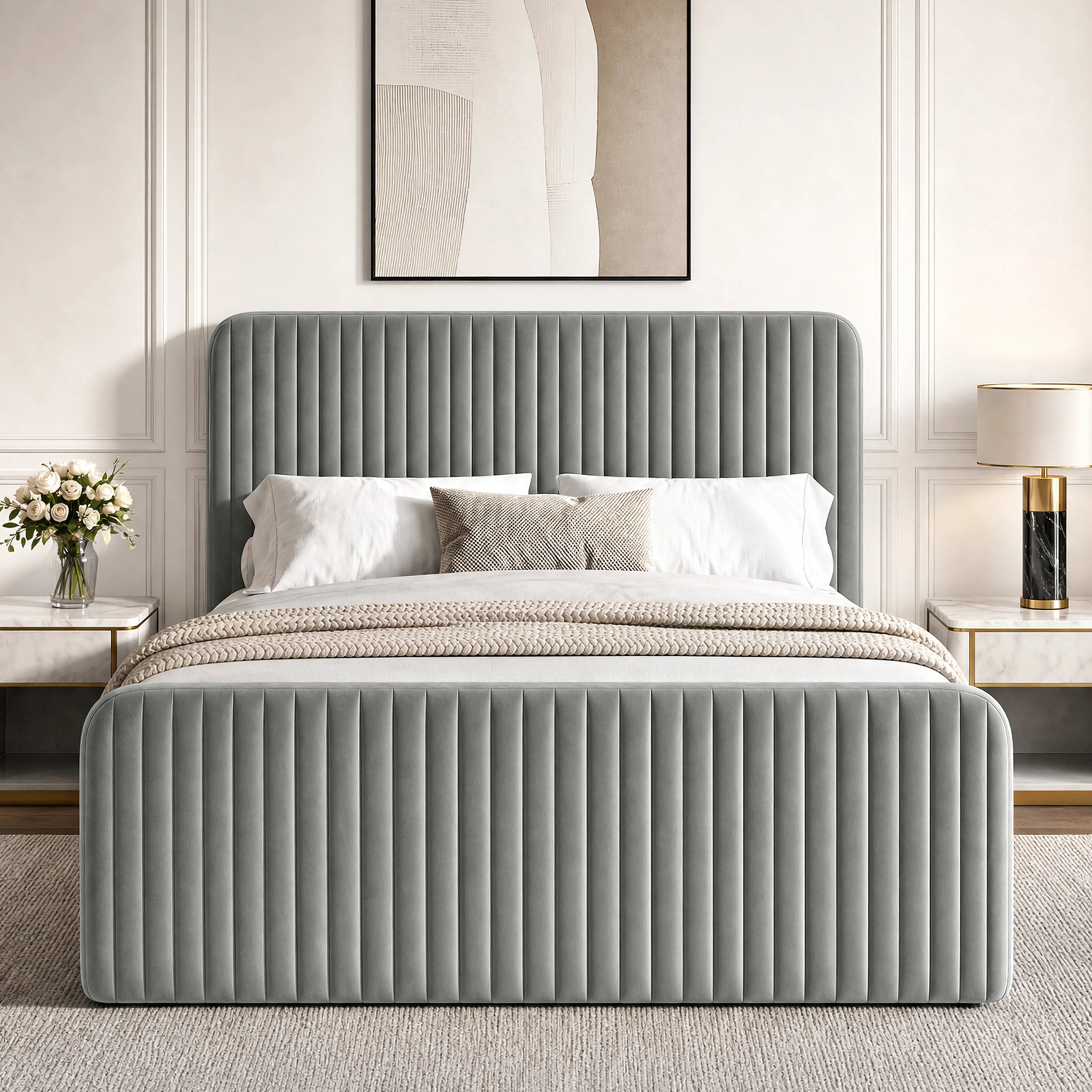 Double Ottoman Storage Bed Tall Padded Headboard - Light Grey, Velvet alternate view