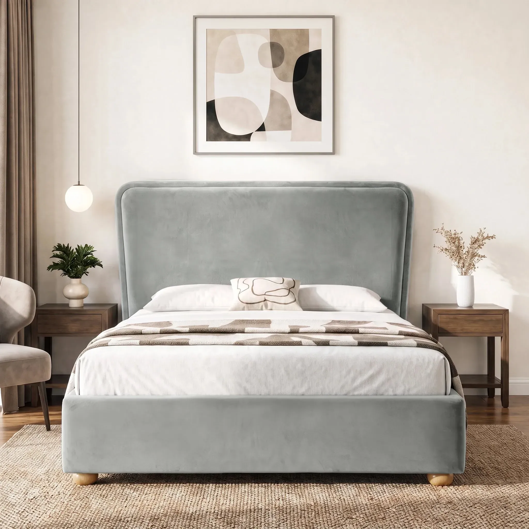 Double Ottoman Storage Bed with Backrest - Light Grey, Velvet alternate view