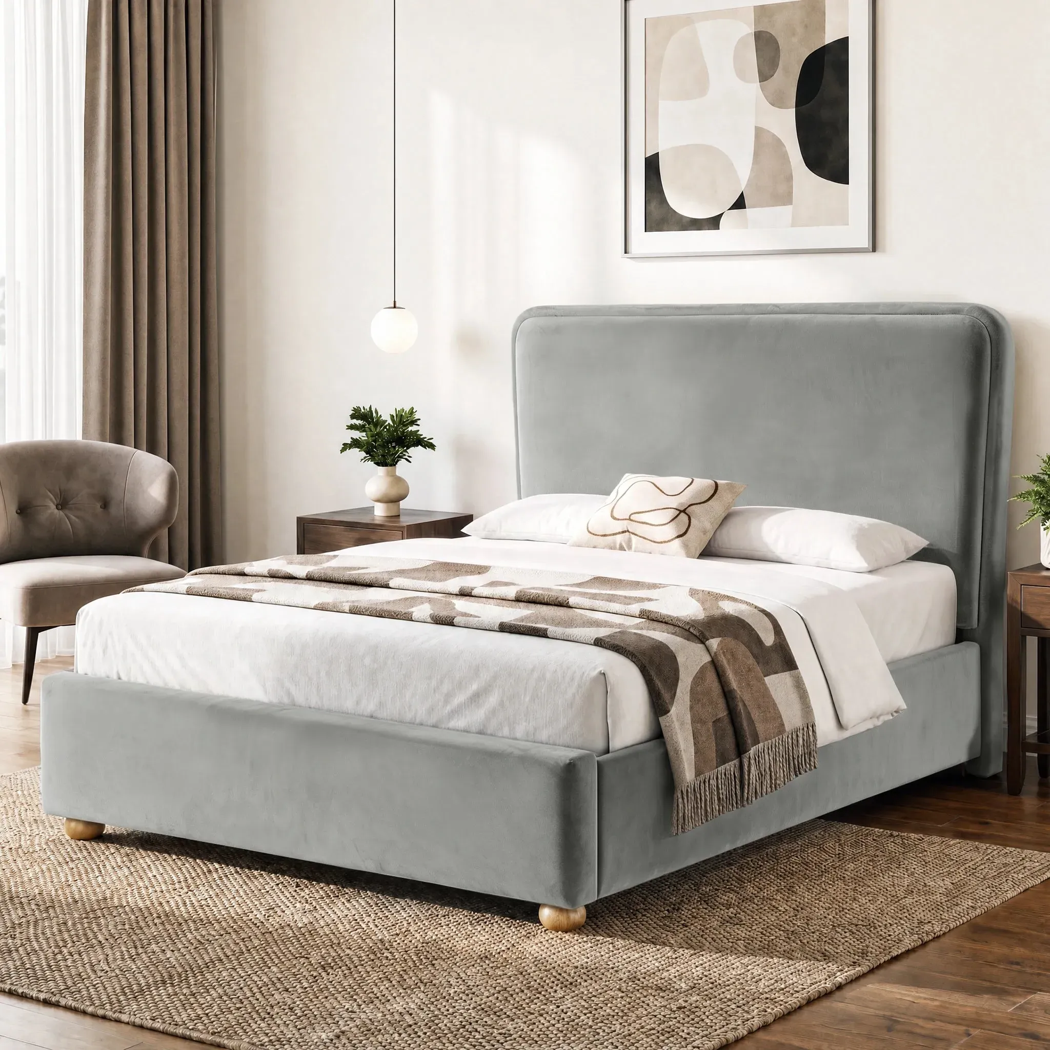 Double Ottoman Storage Bed with Backrest - Light Grey, Velvet product