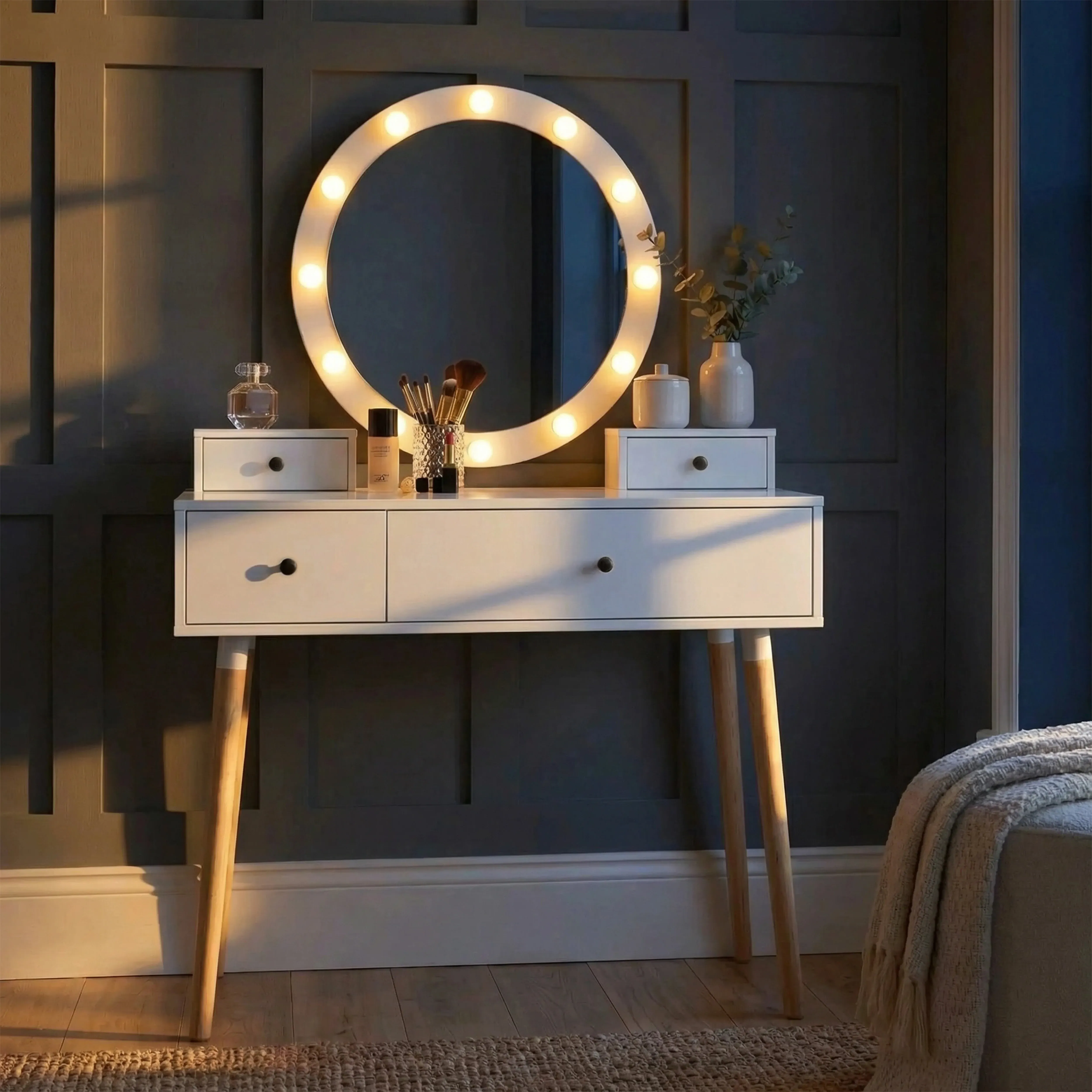 Dressing Table with Hollywood Mirror & 4 Drawers - Grey, Engineered Wood alternate view