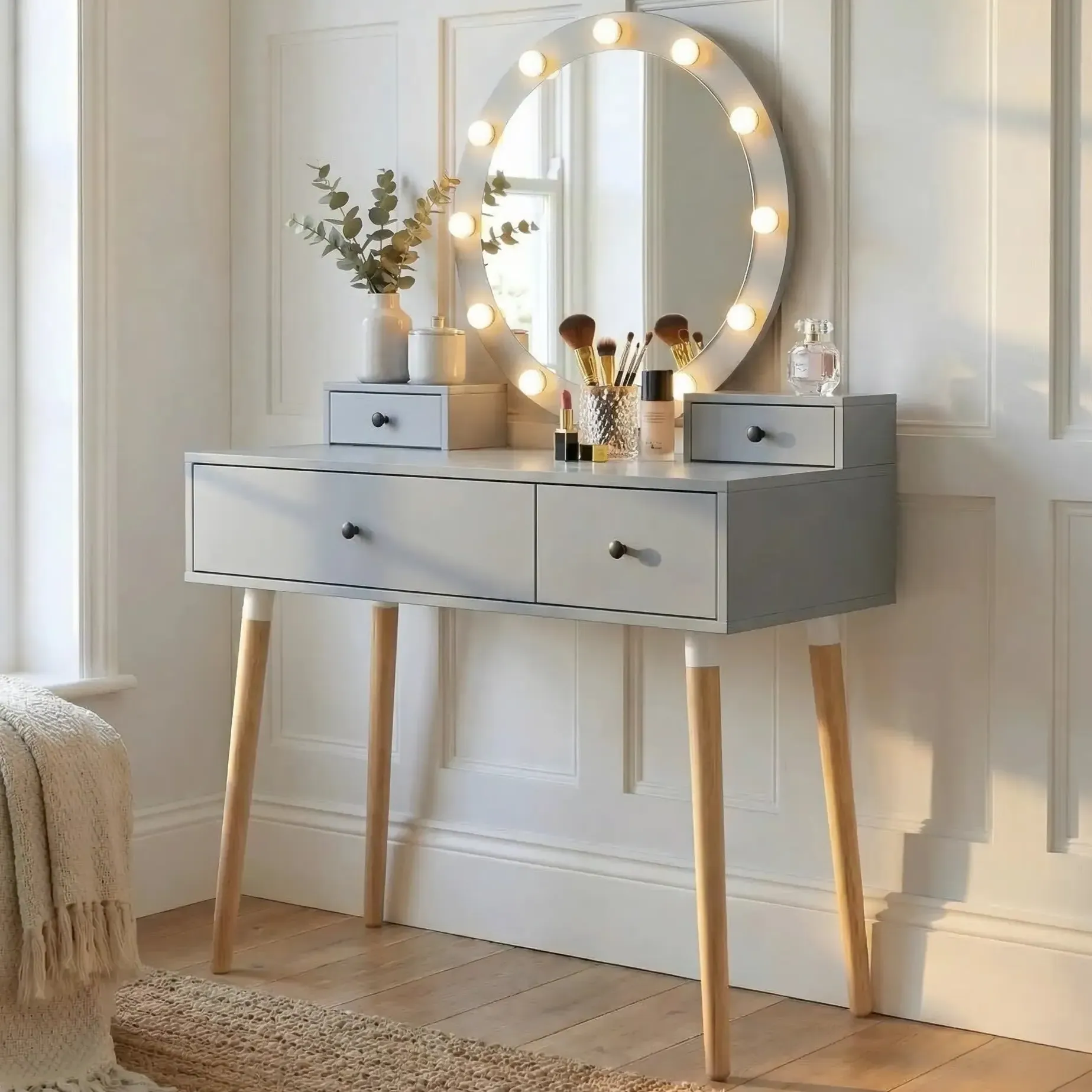 Dressing Table with Hollywood Mirror & 4 Drawers - Grey, Engineered Wood product