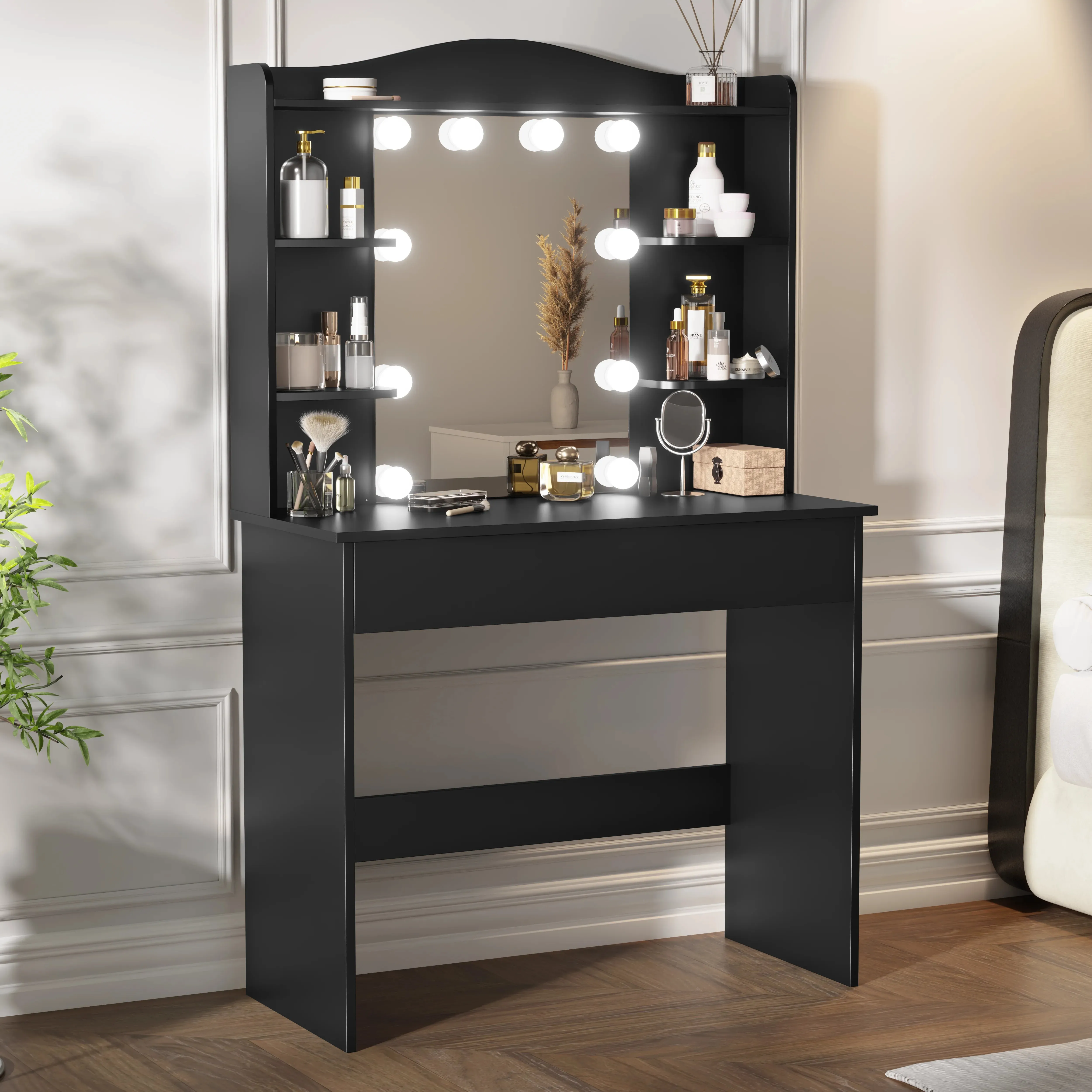 Dressing Table with Mirror & LED Lights - Black, Particle Board product