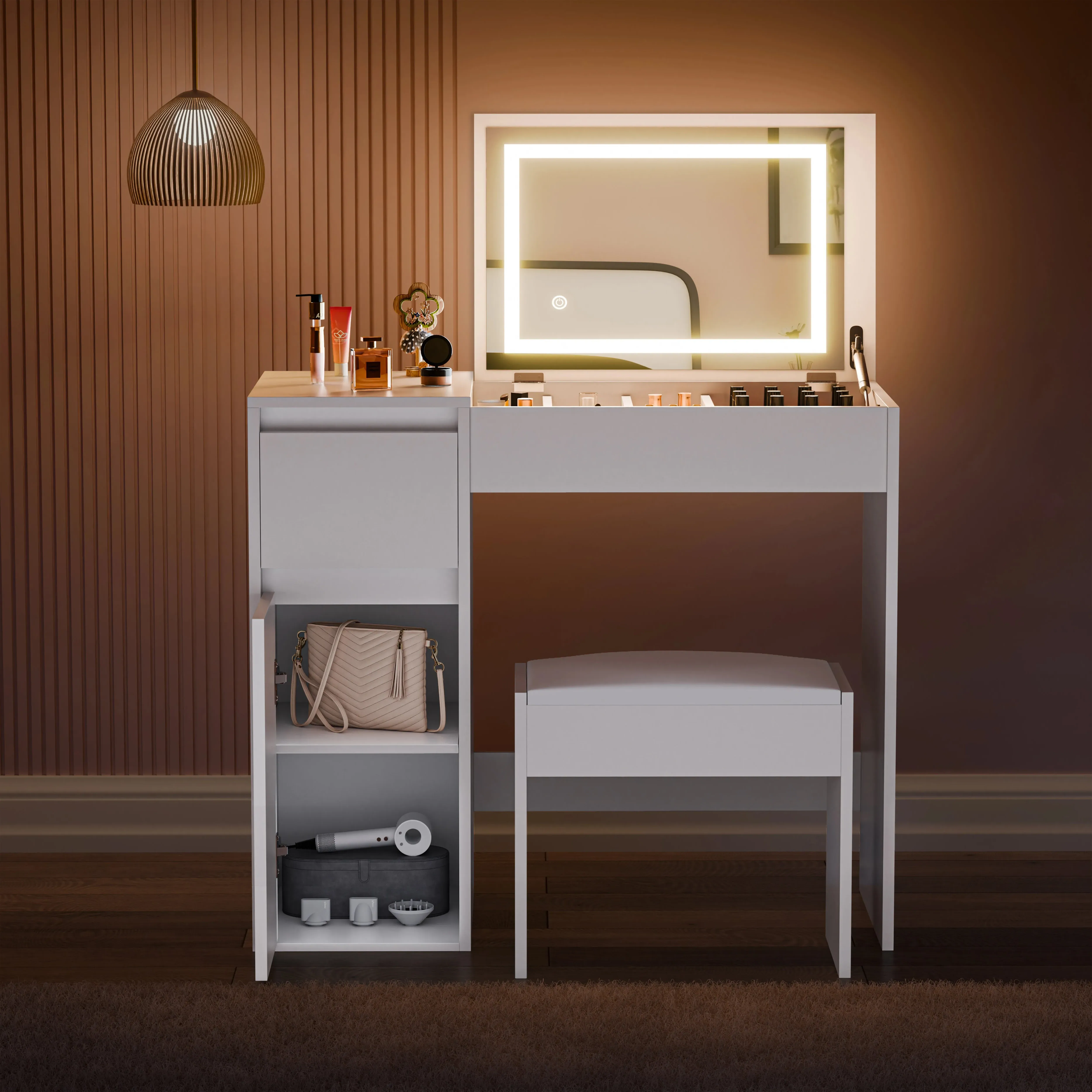 Flip-Top Dressing Table with LED Mirror and Stool - White alternate view