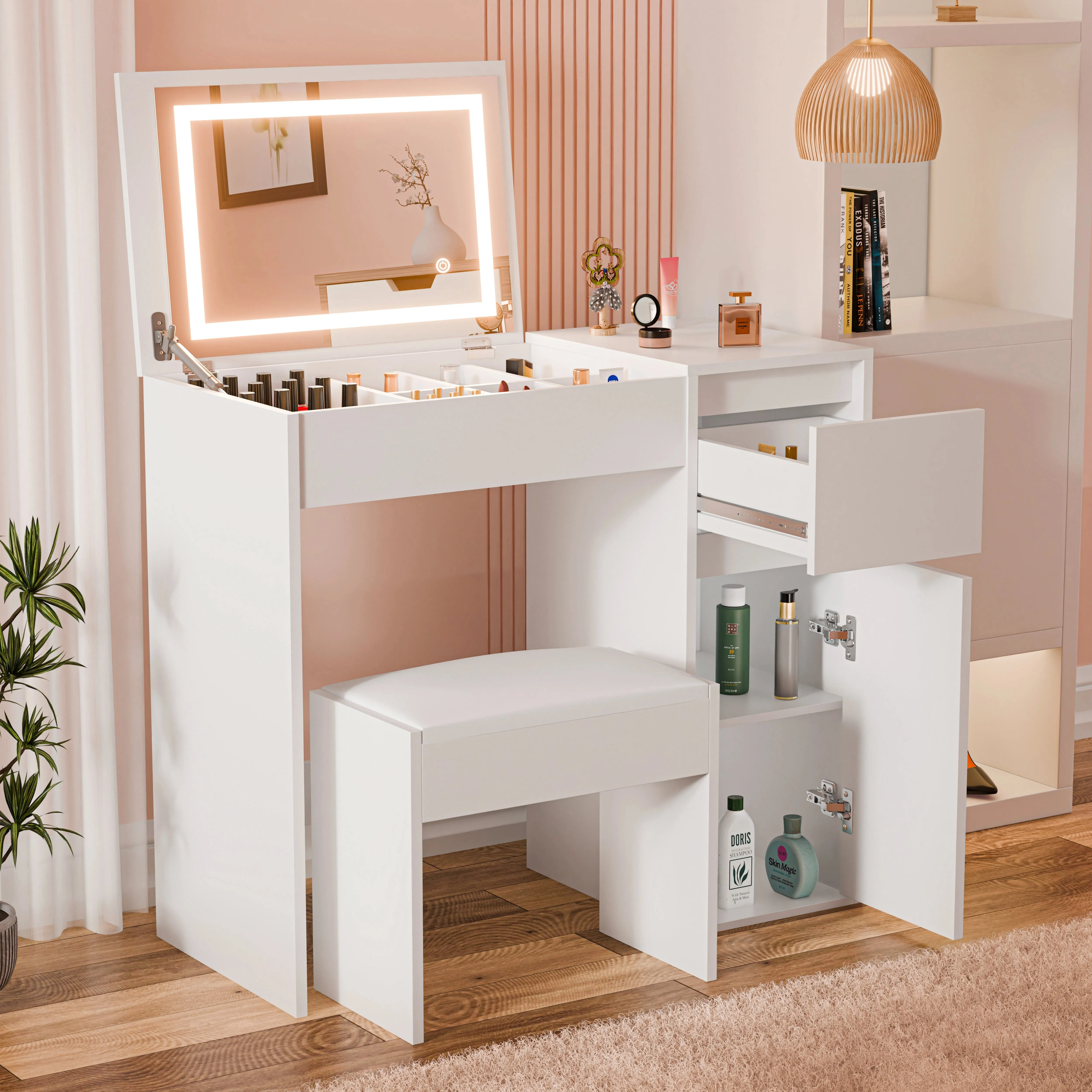 Flip-Top Dressing Table with LED Mirror and Stool - White product