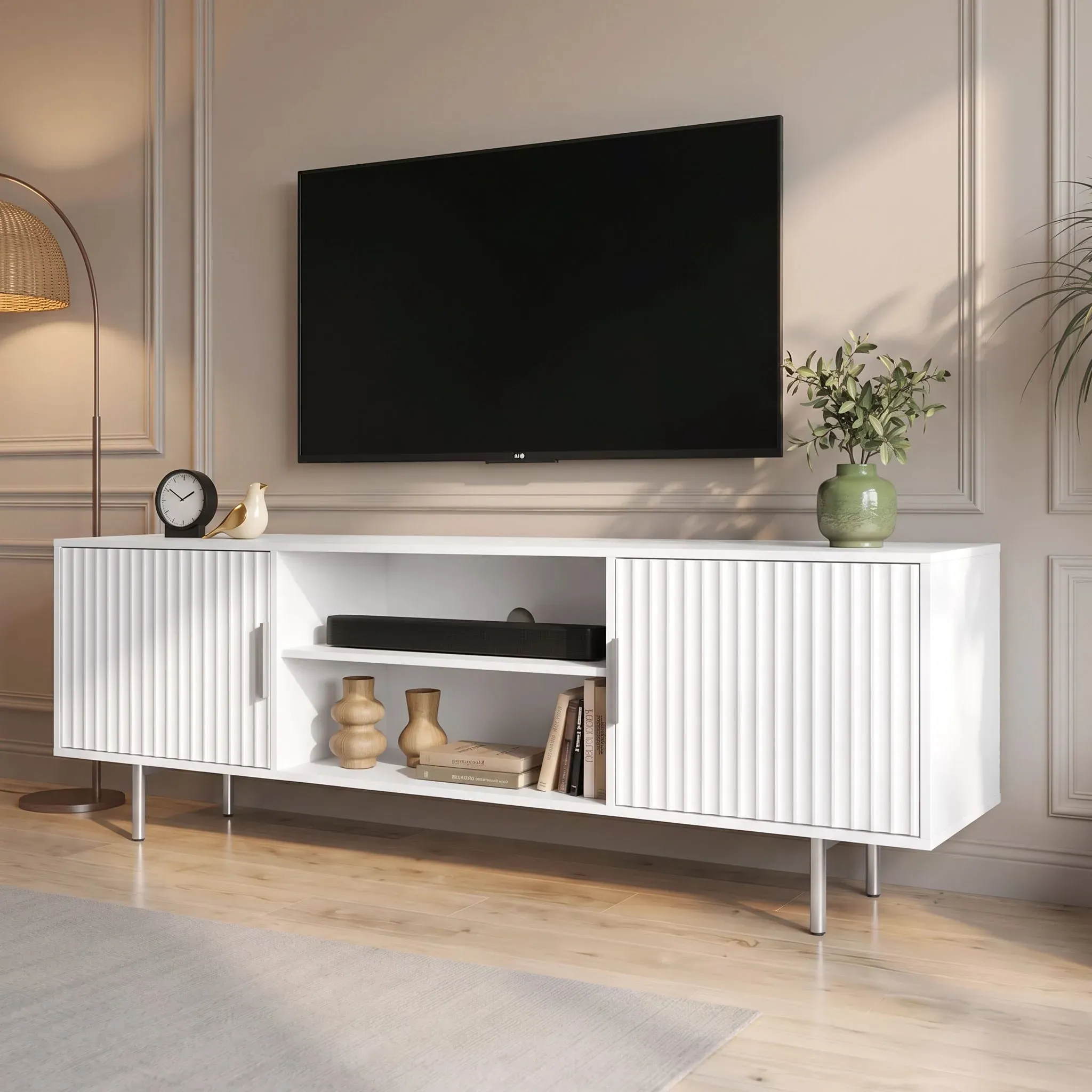 Fluted 140cm TV Unit with Storage - White, Engineered Wood alternate view