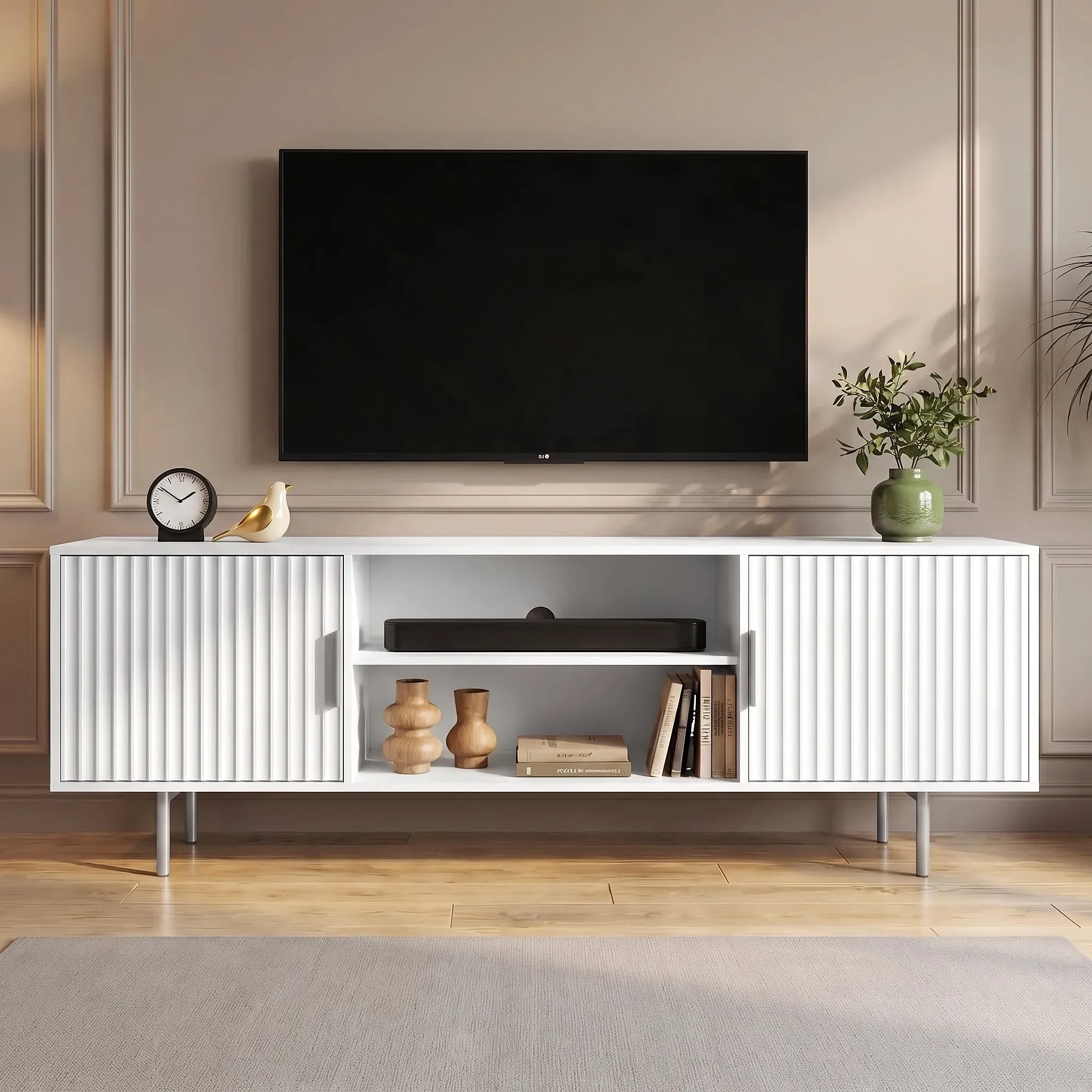 Fluted 140cm TV Unit with Storage - White, Engineered Wood product