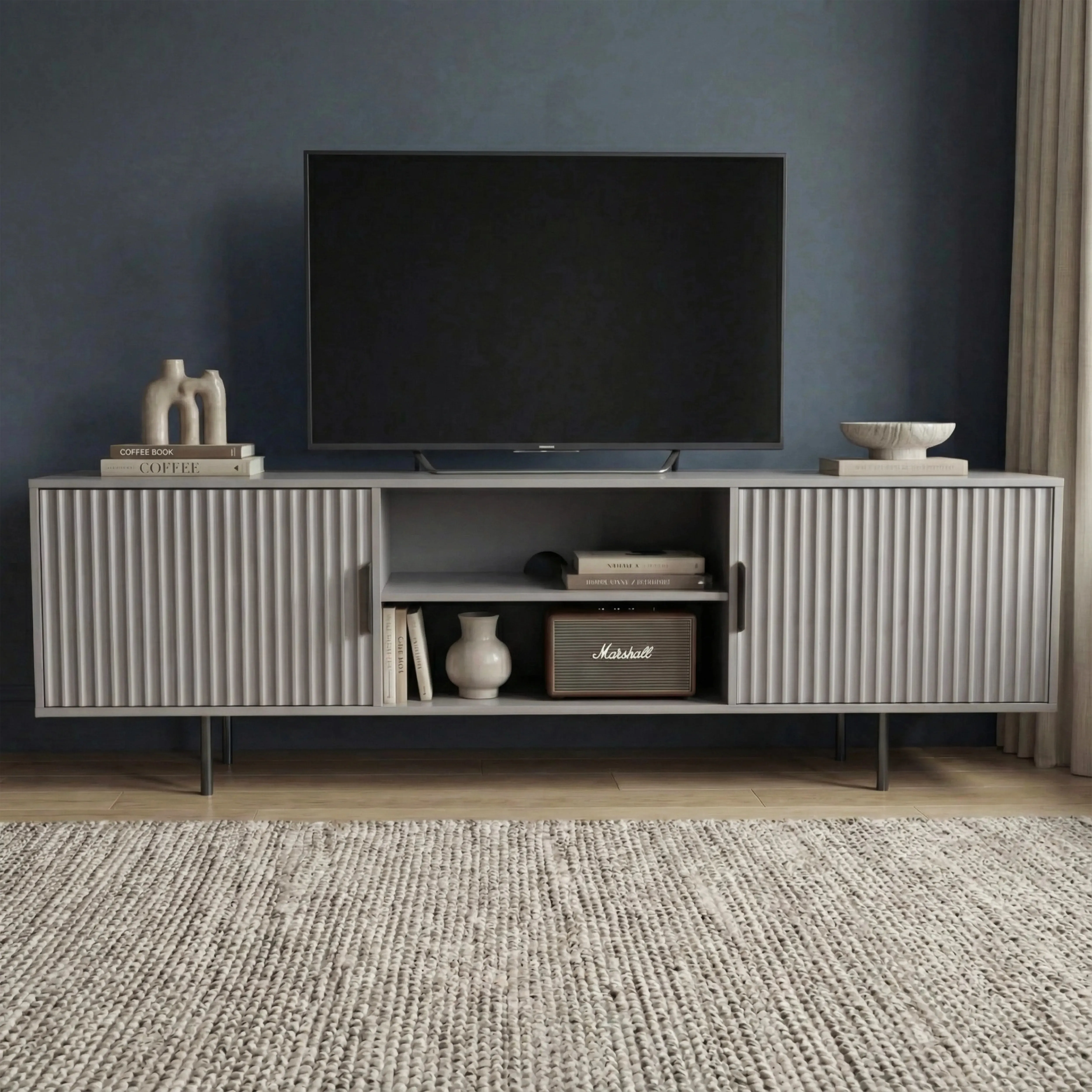 Fluted 180cm TV Unit with Storage - Grey, Engineered Wood product