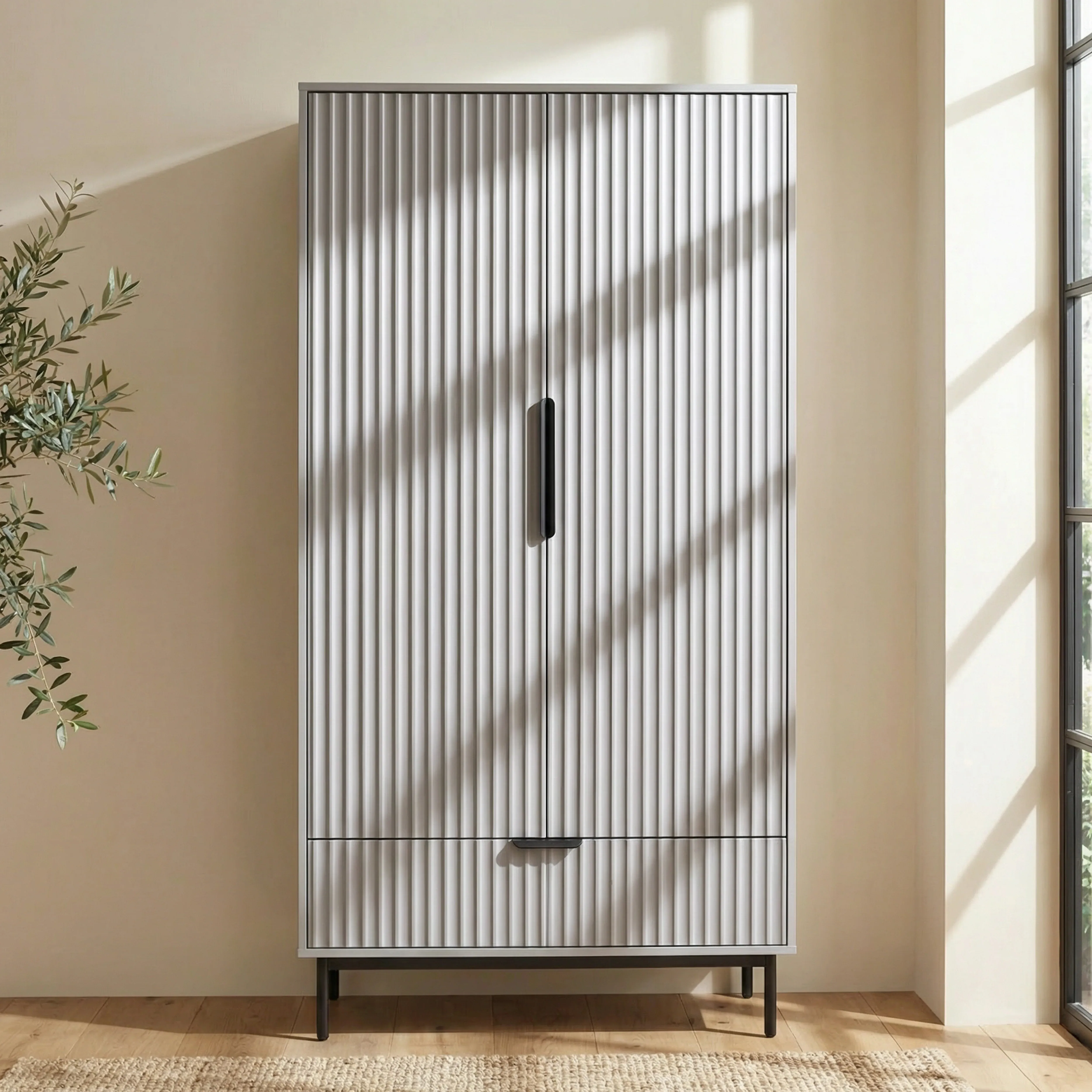 Fluted 2-Door Wardrobe with Drawers and Hanging Rail - Grey alternate view