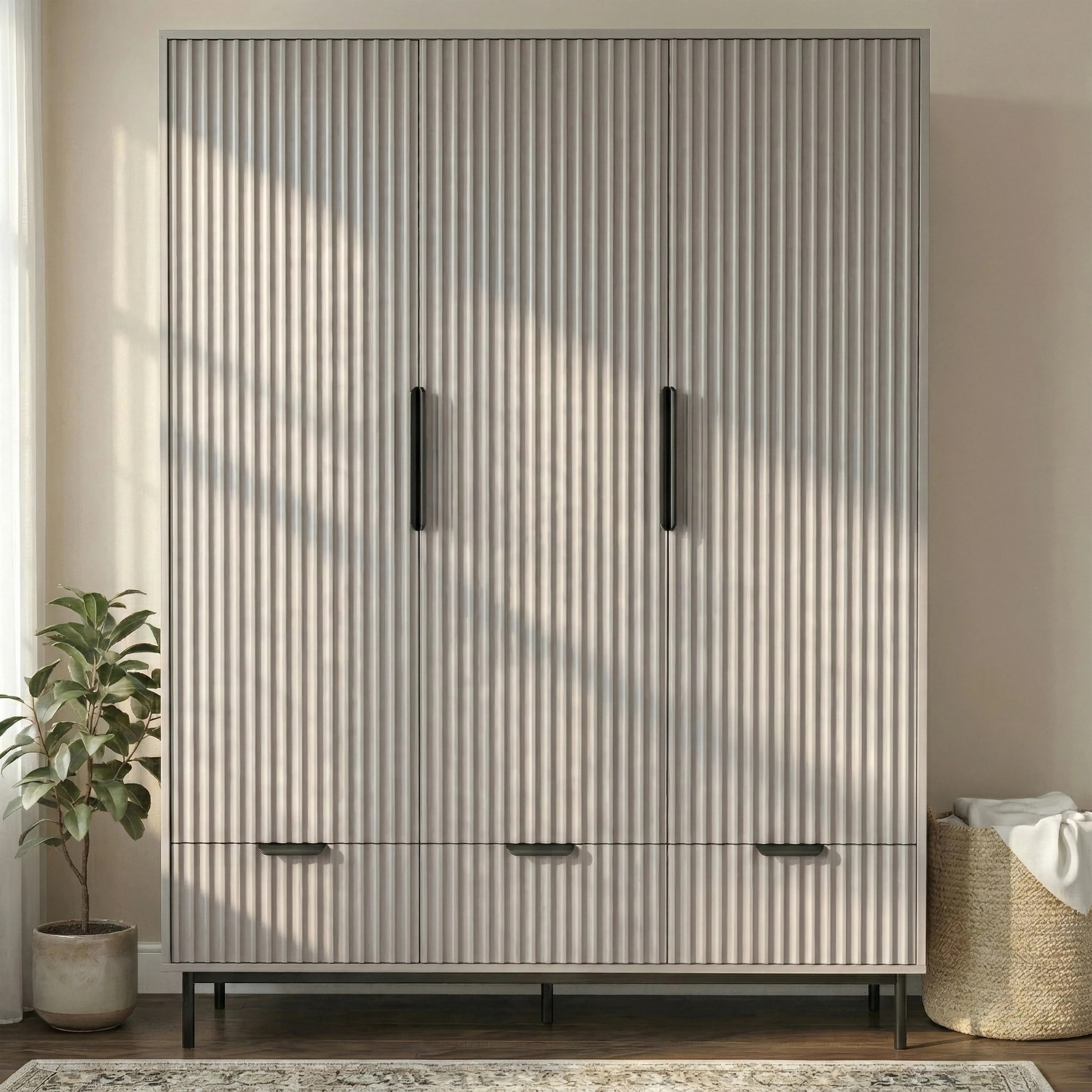 Fluted 3-Door Wardrobe with Drawers and Shelves - Grey by Dream Home Store, image 2