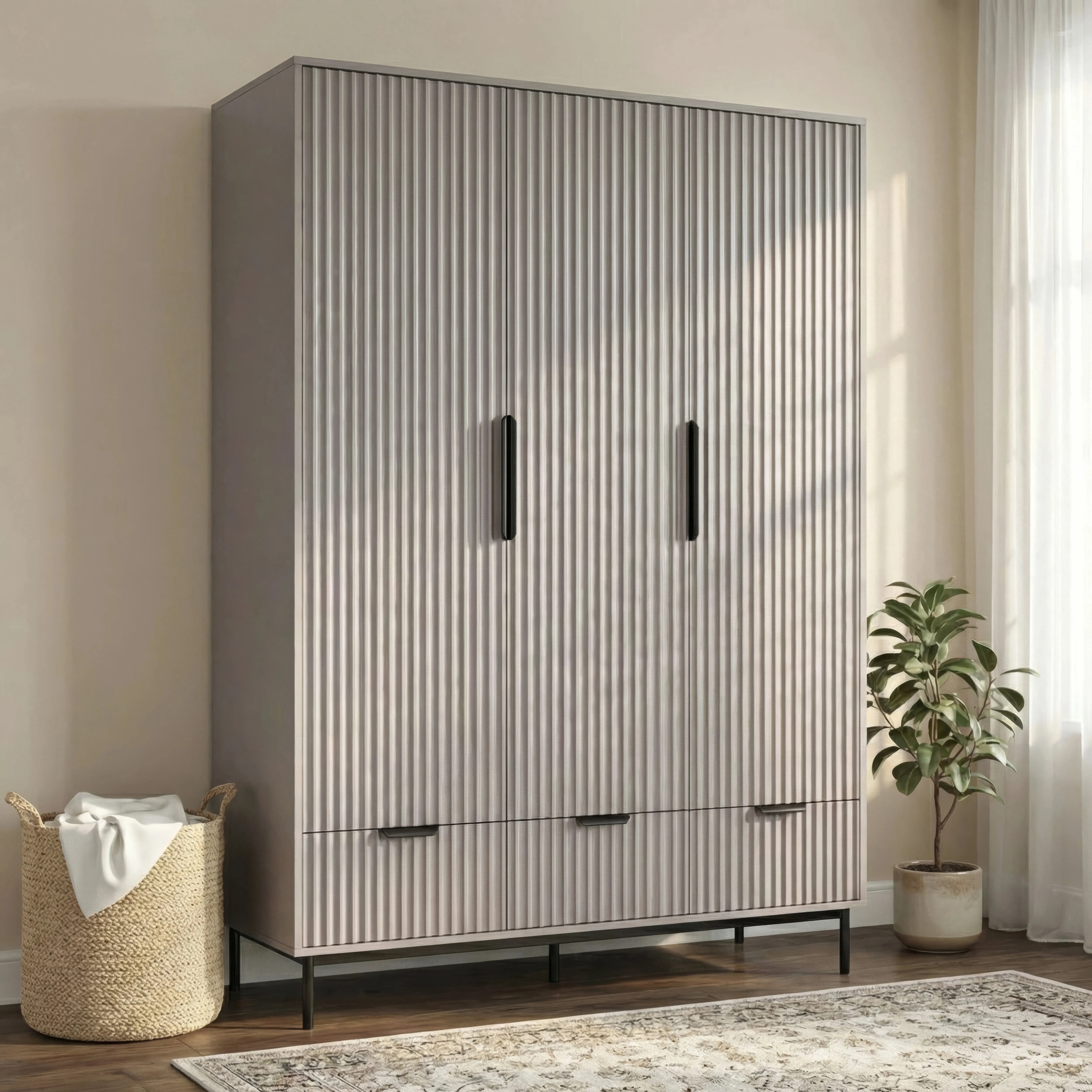 Fluted 3-Door Wardrobe with Drawers and Shelves - Grey by Dream Home Store