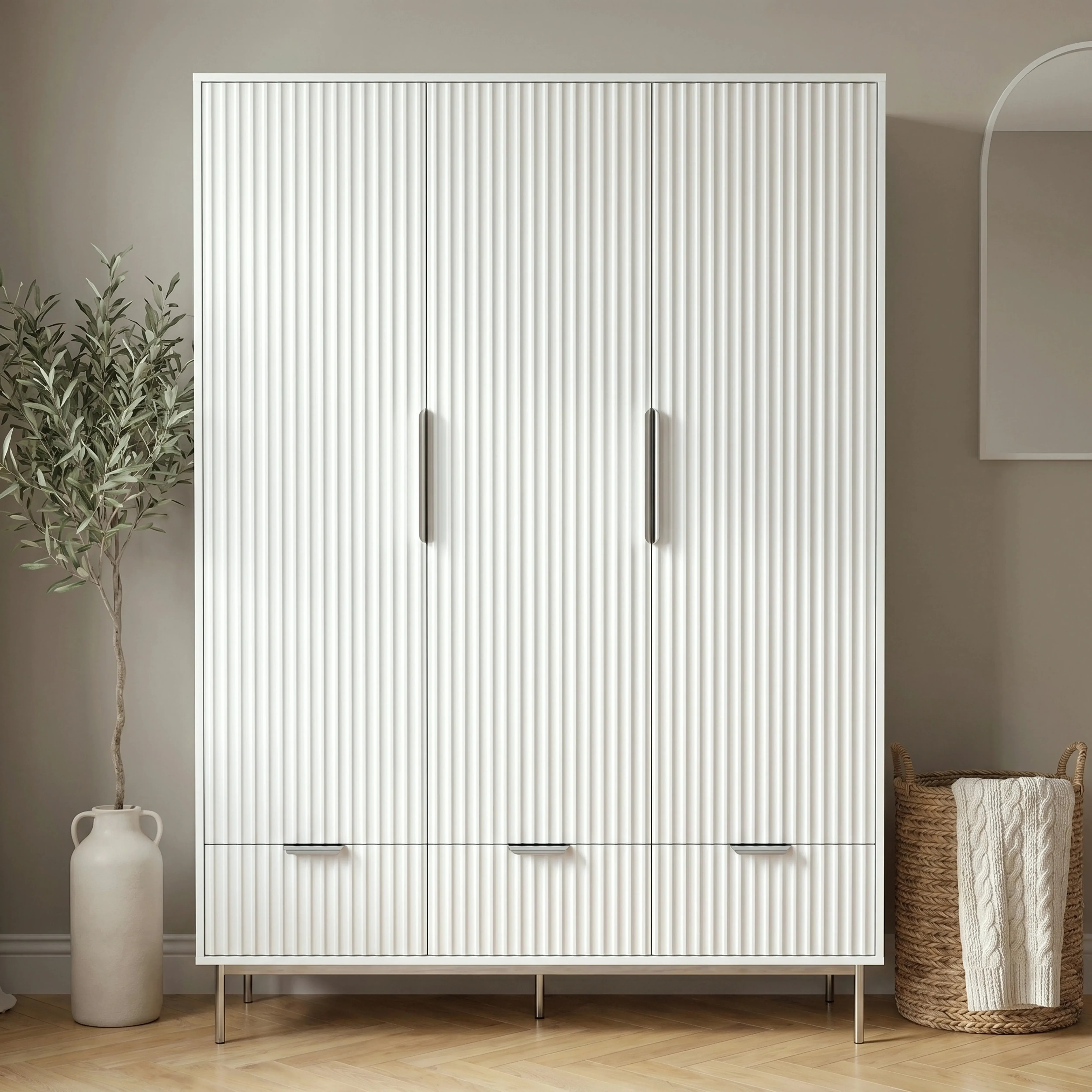 Fluted 3-Door Wardrobe with Drawers and Shelves - White by Dream Home Store, image 2
