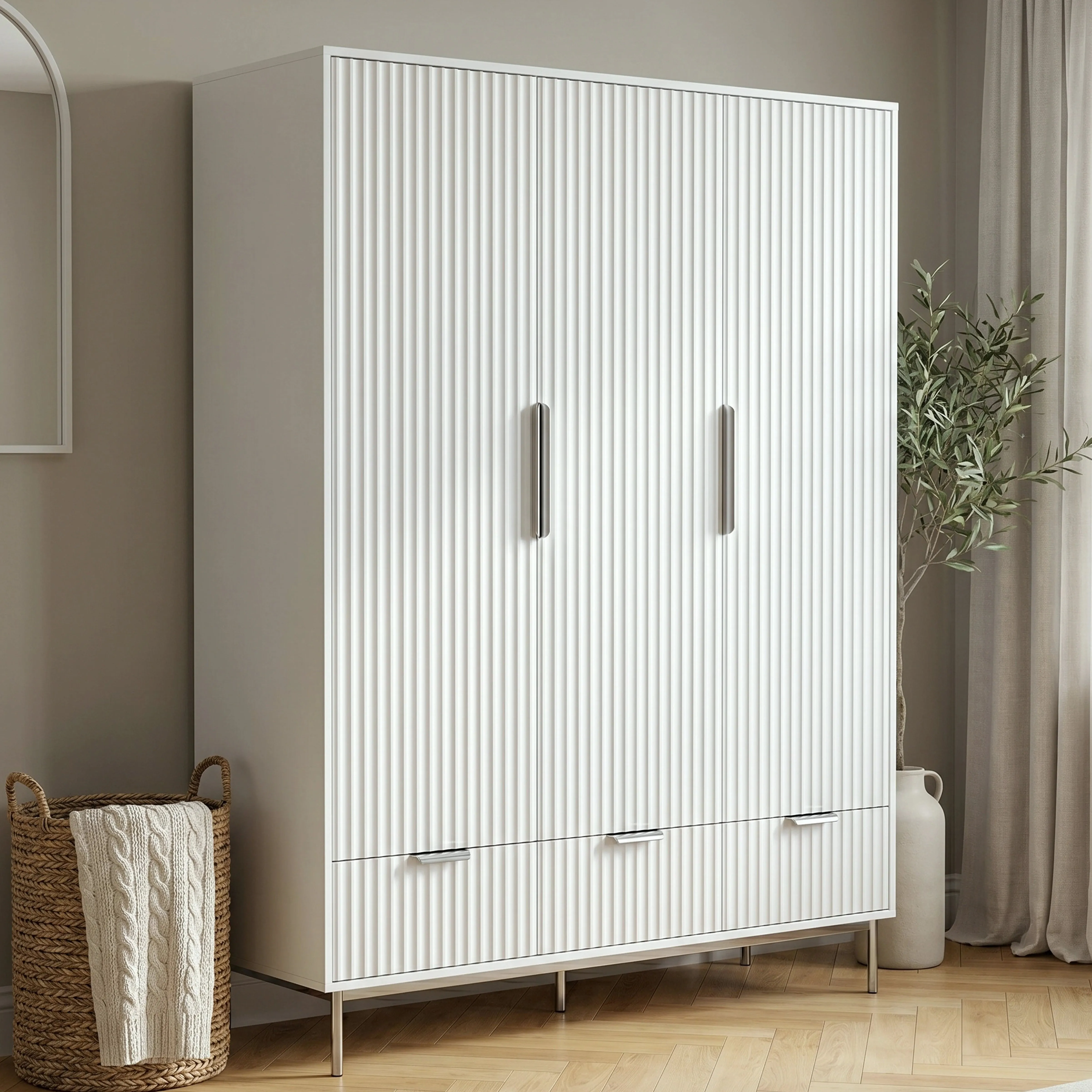 Fluted 3-Door Wardrobe with Drawers and Shelves - White by Dream Home Store