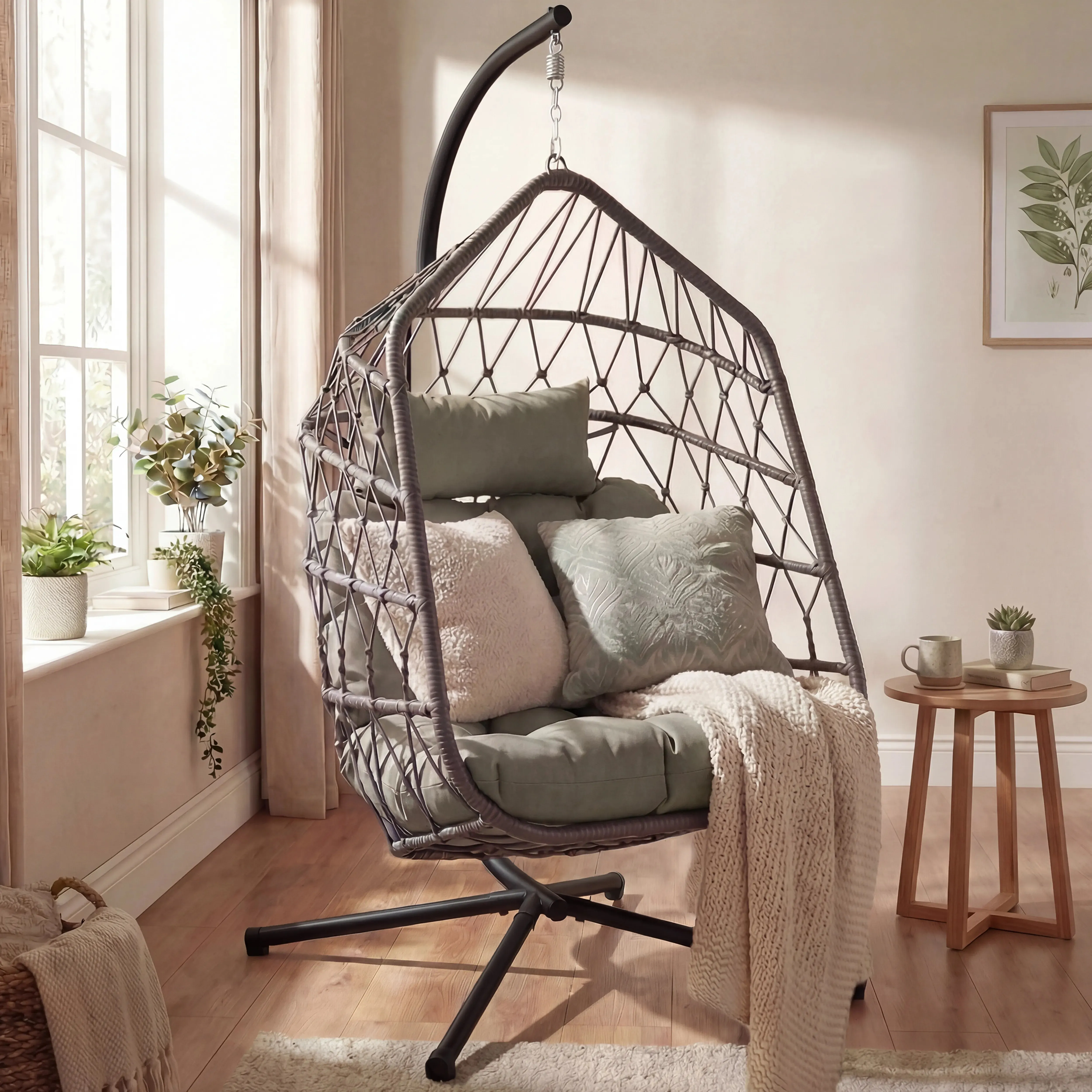 Foldable Hanging Egg Chair with Stand & Cushion - Grey product