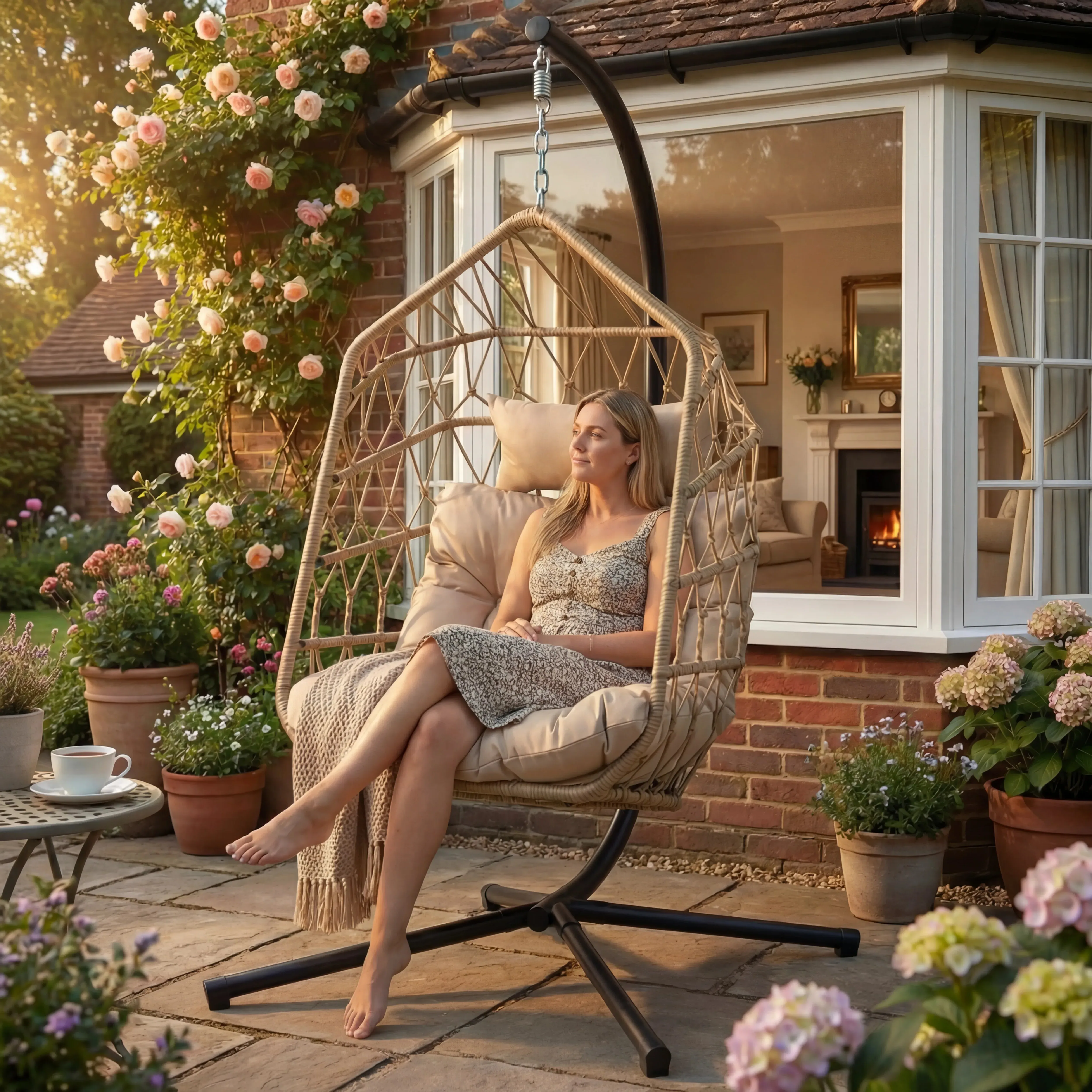 Foldable Hanging Egg Chair with Stand & Cushion - Natural alternate view