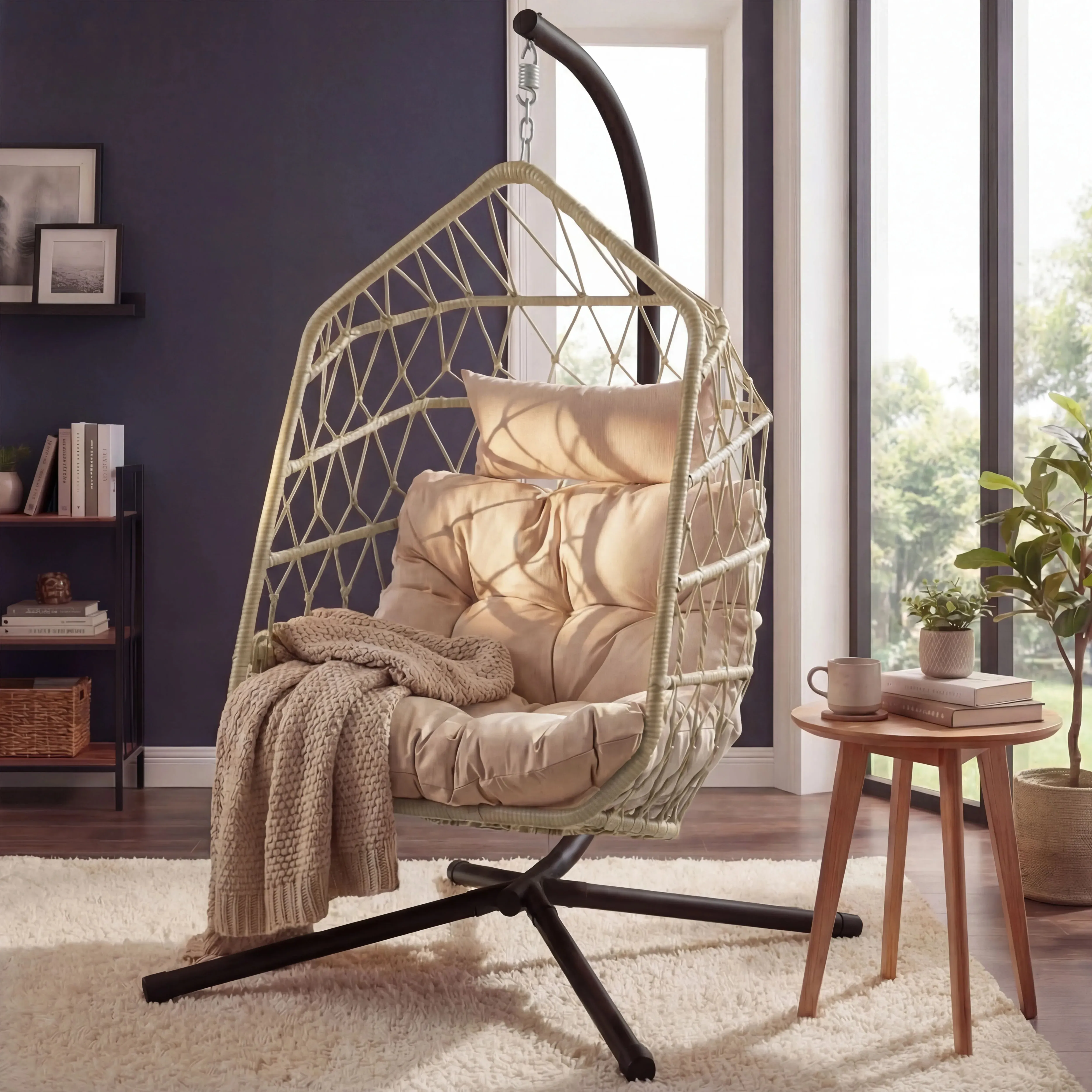 Foldable Hanging Egg Chair with Stand & Cushion - Natural product