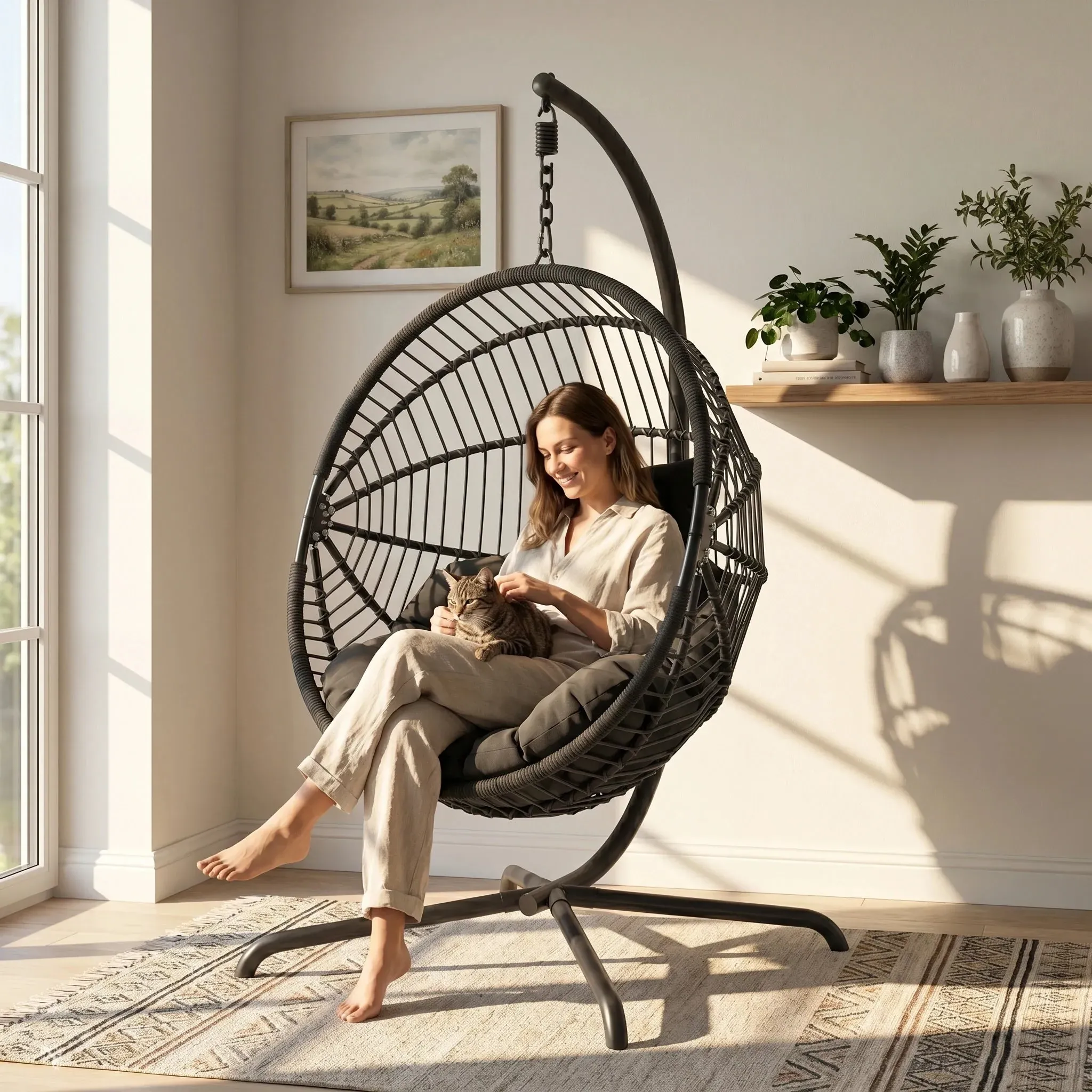 Foldable Hanging Egg Chair with Stand & Cushions - Black, Rattan alternate view