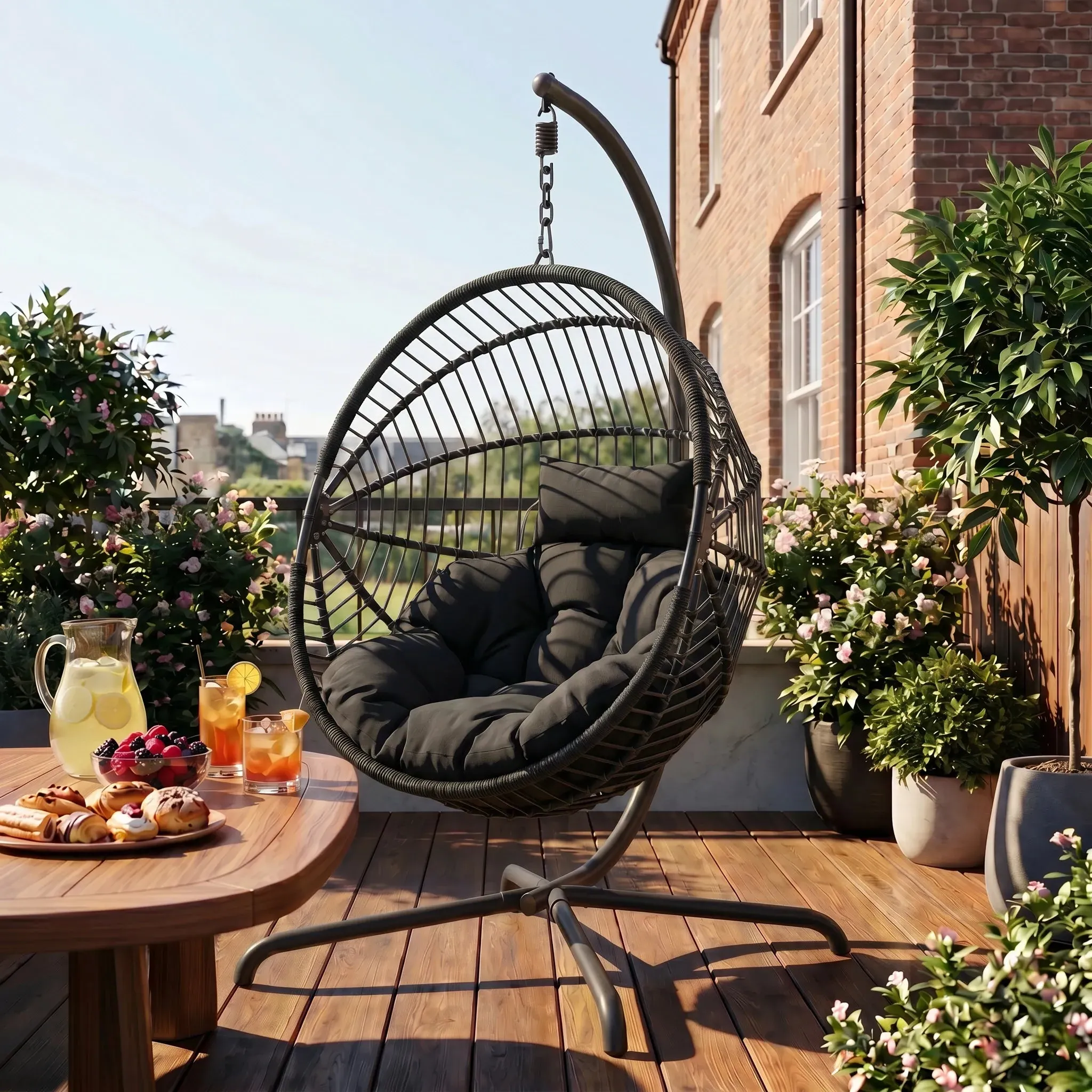 Foldable Hanging Egg Chair with Stand & Cushions - Black, Rattan product
