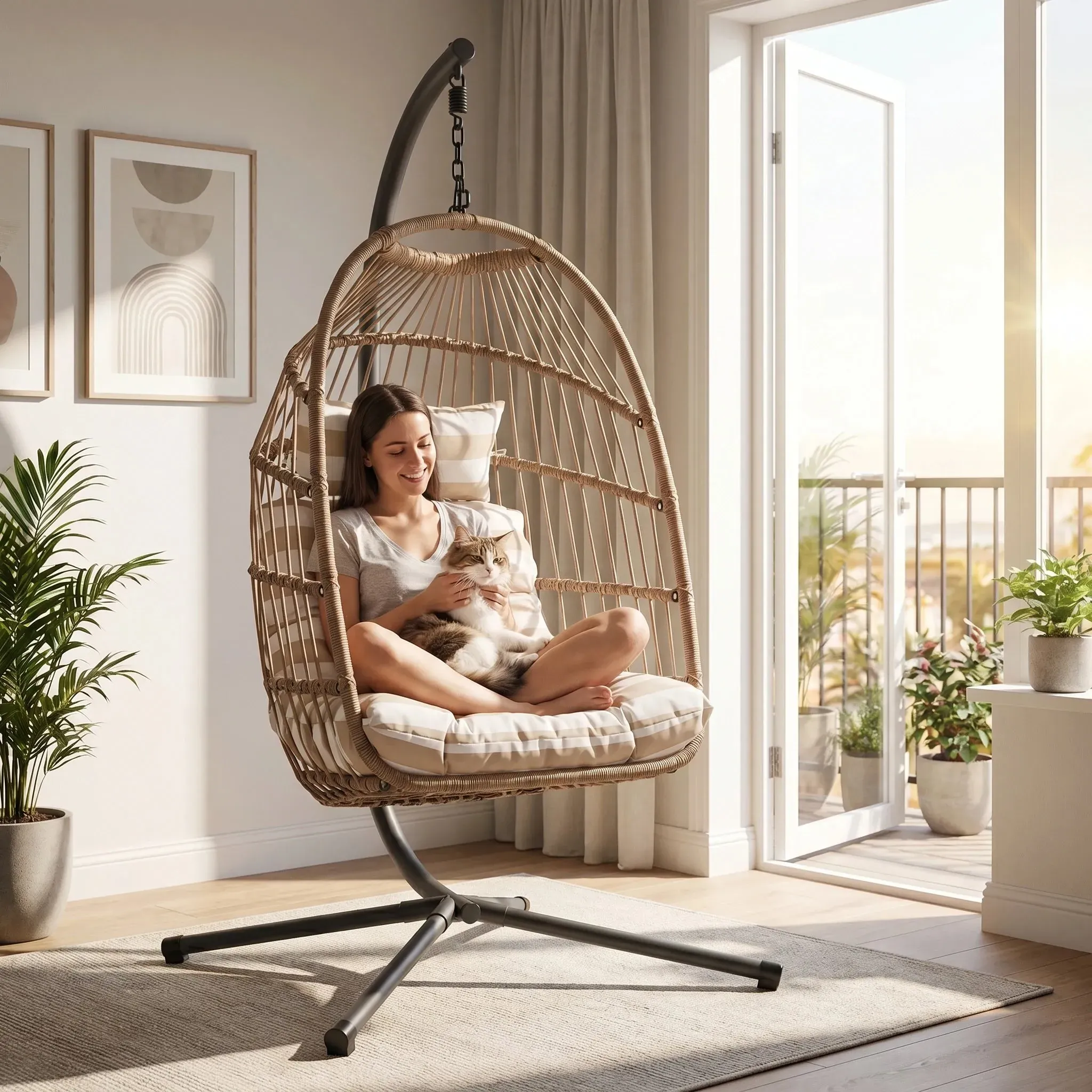 Foldable Hanging Egg Chair with Stand - Natural alternate view