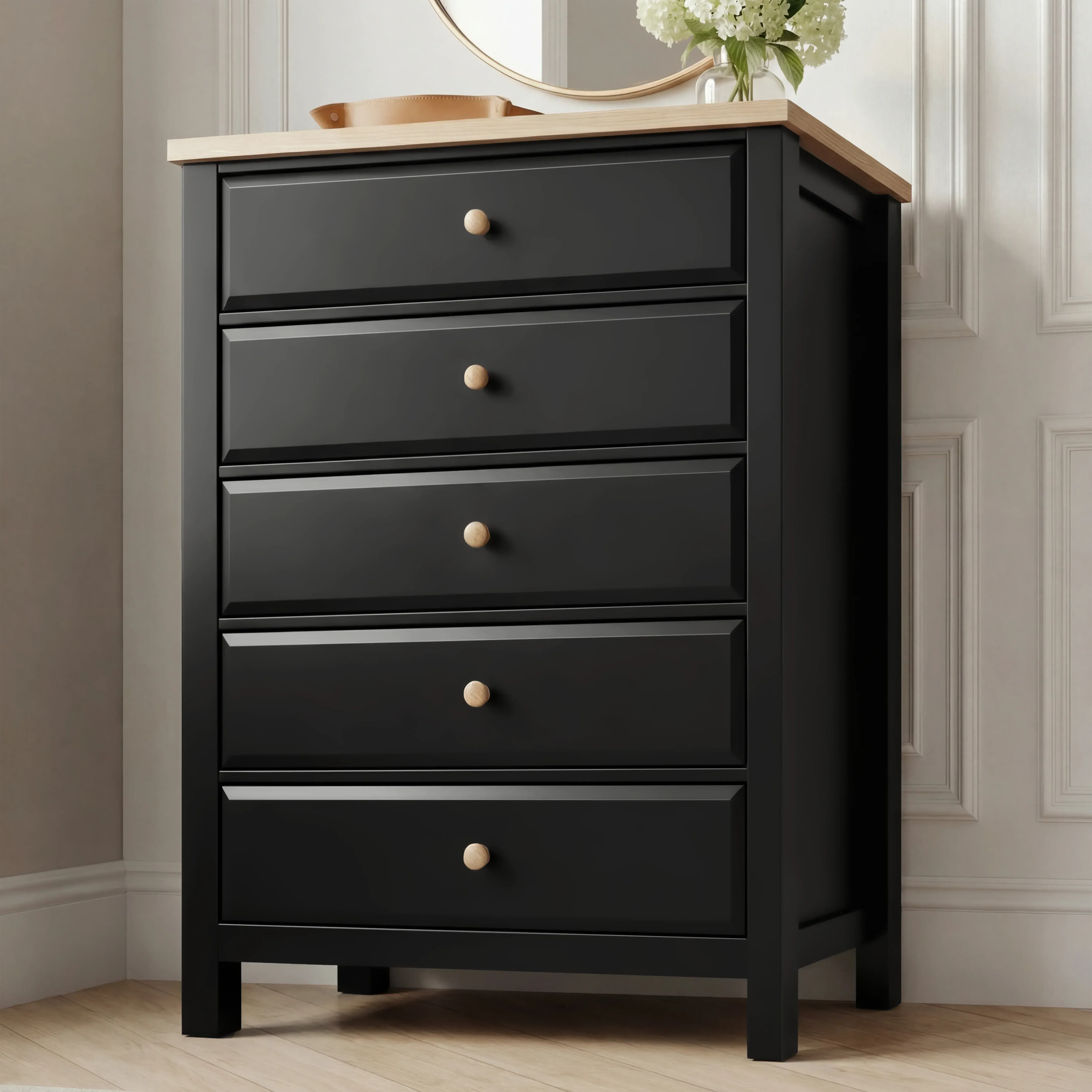Haven Tall 5 Drawer Chest - Black, Oak Veneer product