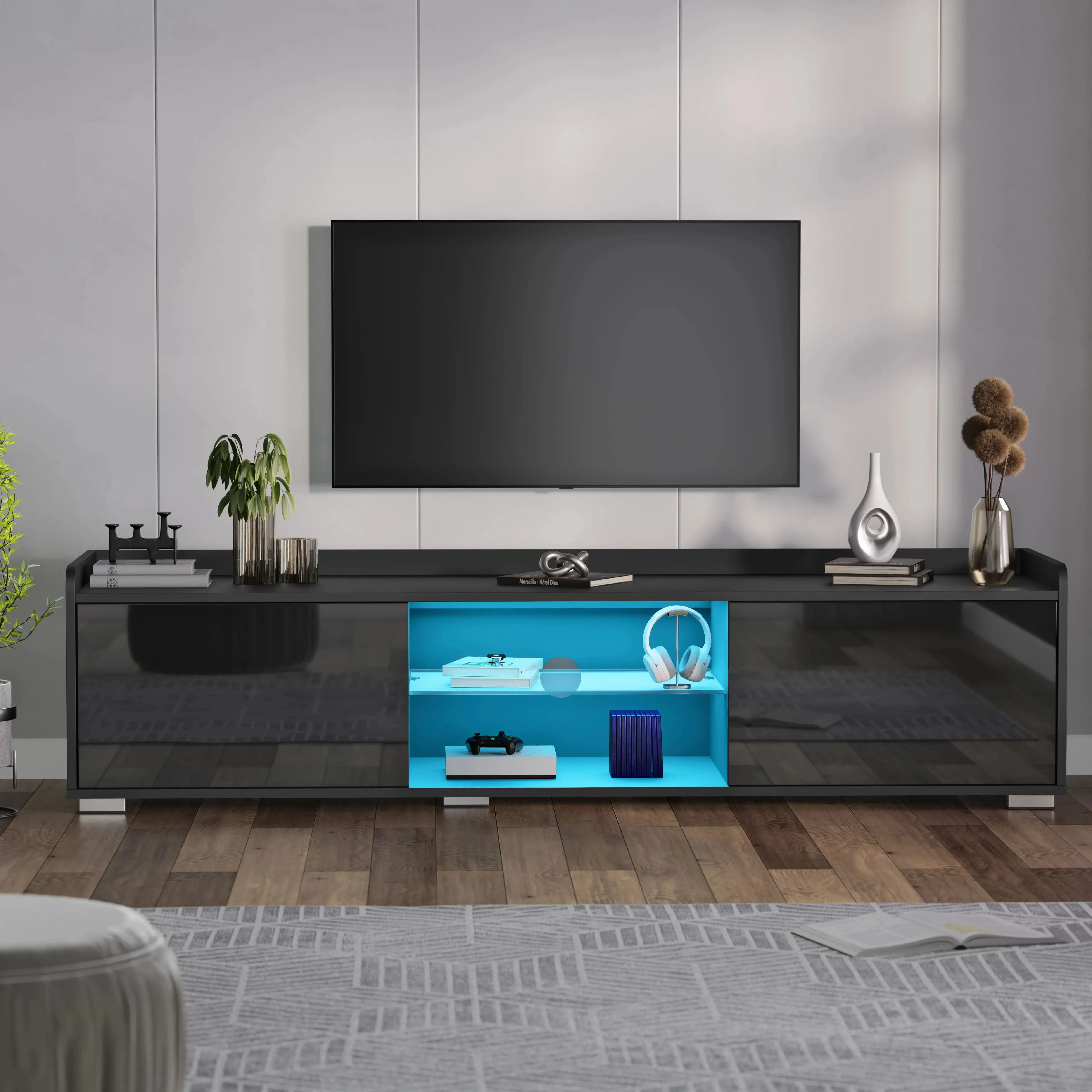 High Gloss 140cm LED TV Unit with Storage - Black alternate view