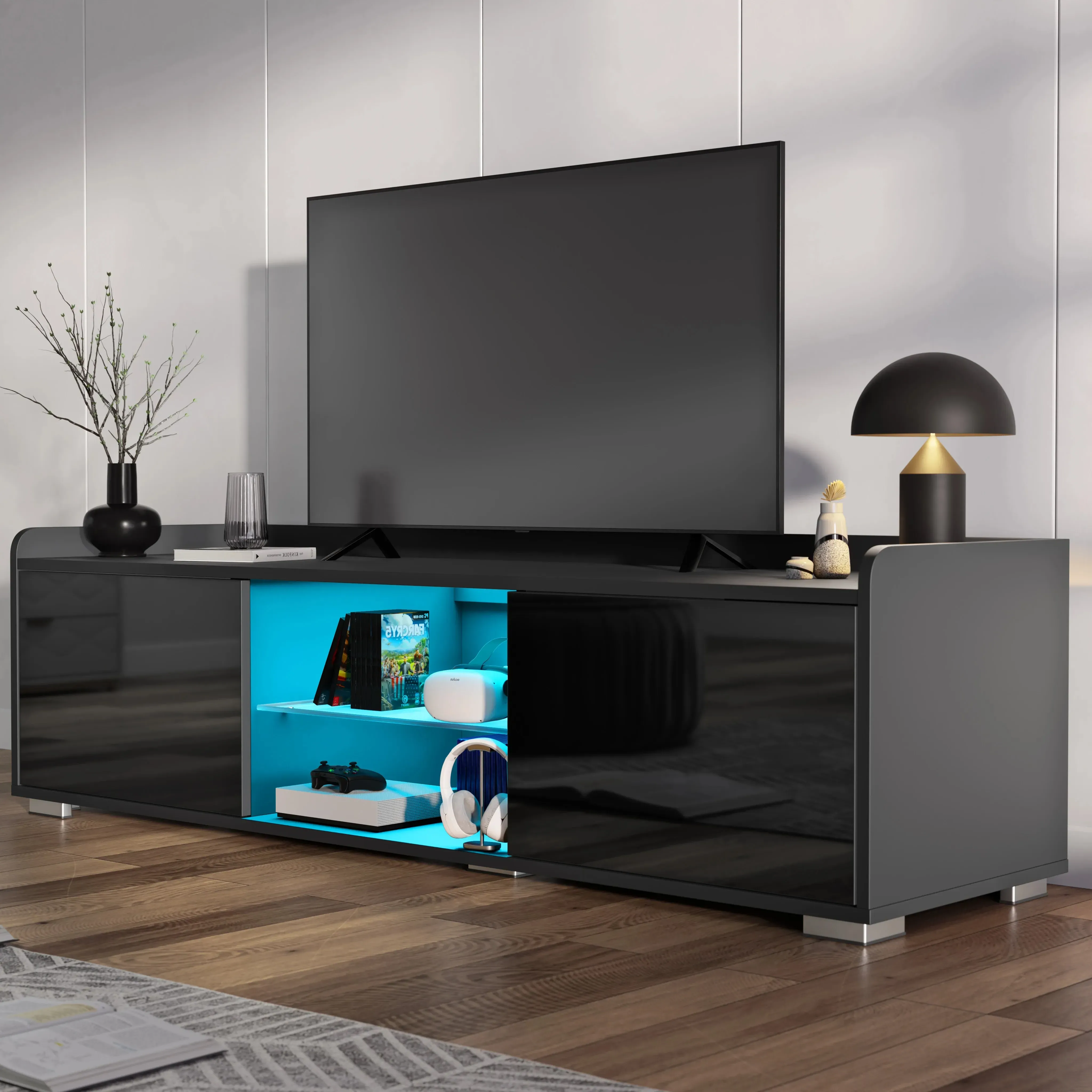 High Gloss 140cm LED TV Unit with Storage - Black product