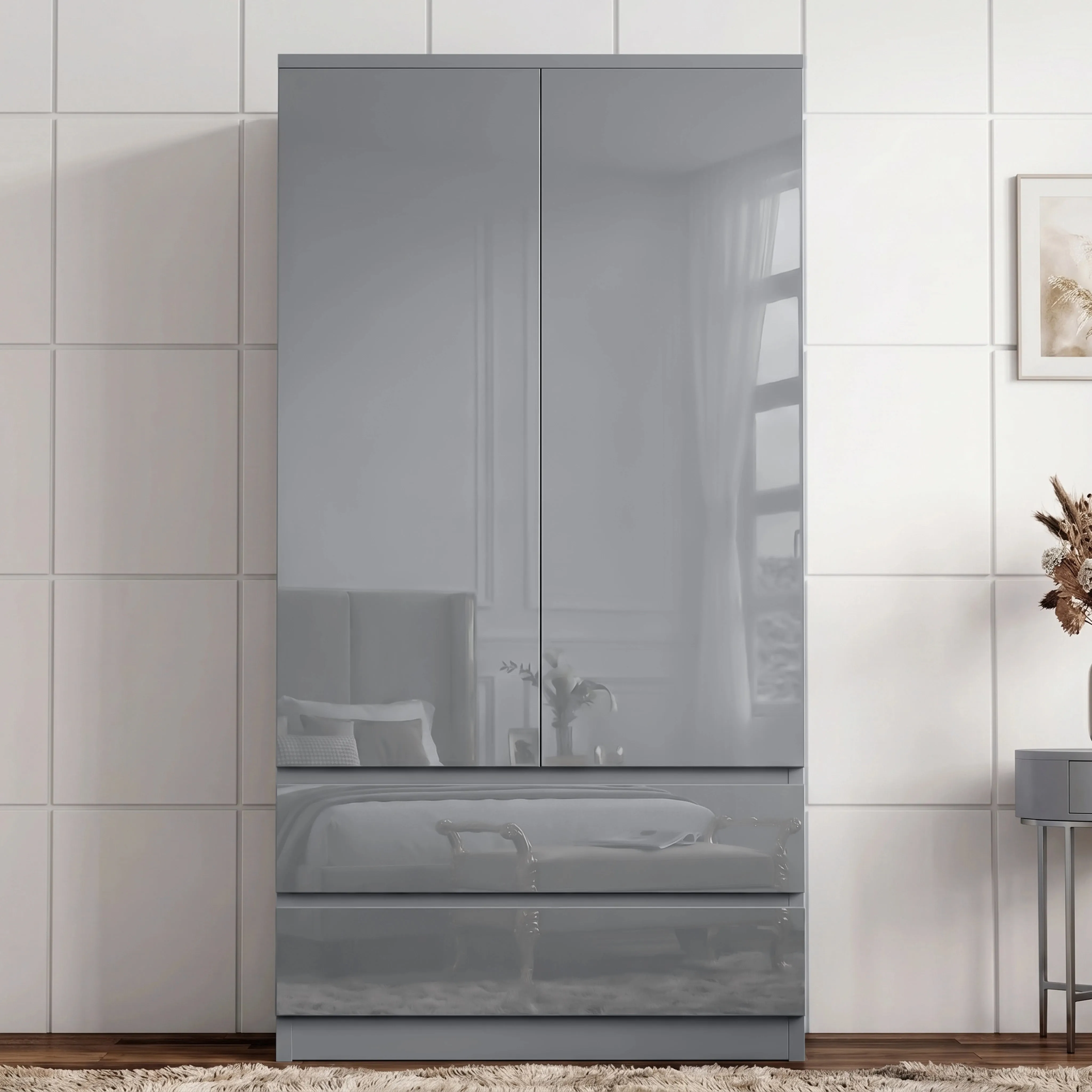 High Gloss 2-Door Wardrobe with Drawers and Hanging Rail - Grey alternate view