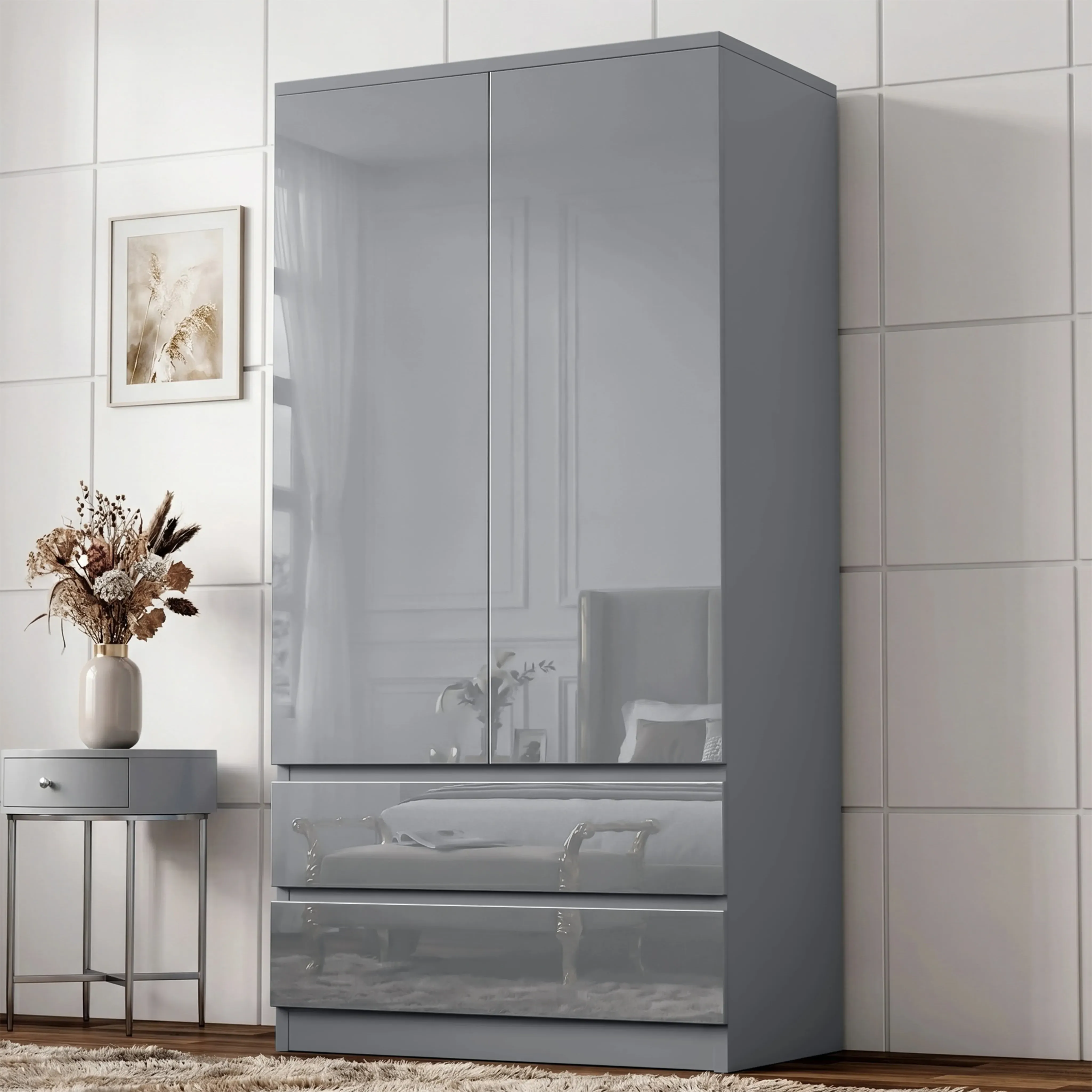 High Gloss 2-Door Wardrobe with Drawers and Hanging Rail - Grey product