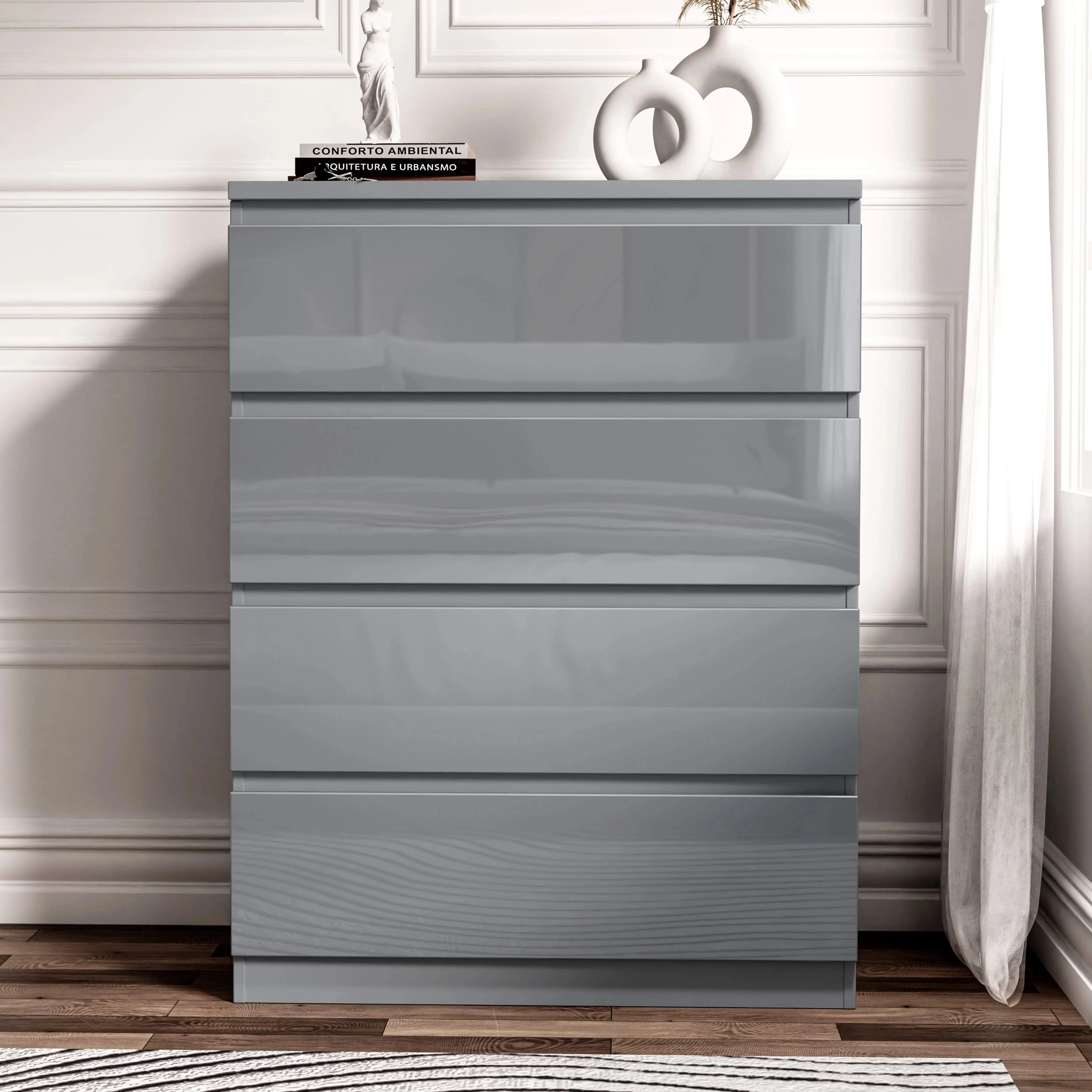 High Gloss 4 Drawer Chest of Drawers - Grey alternate view