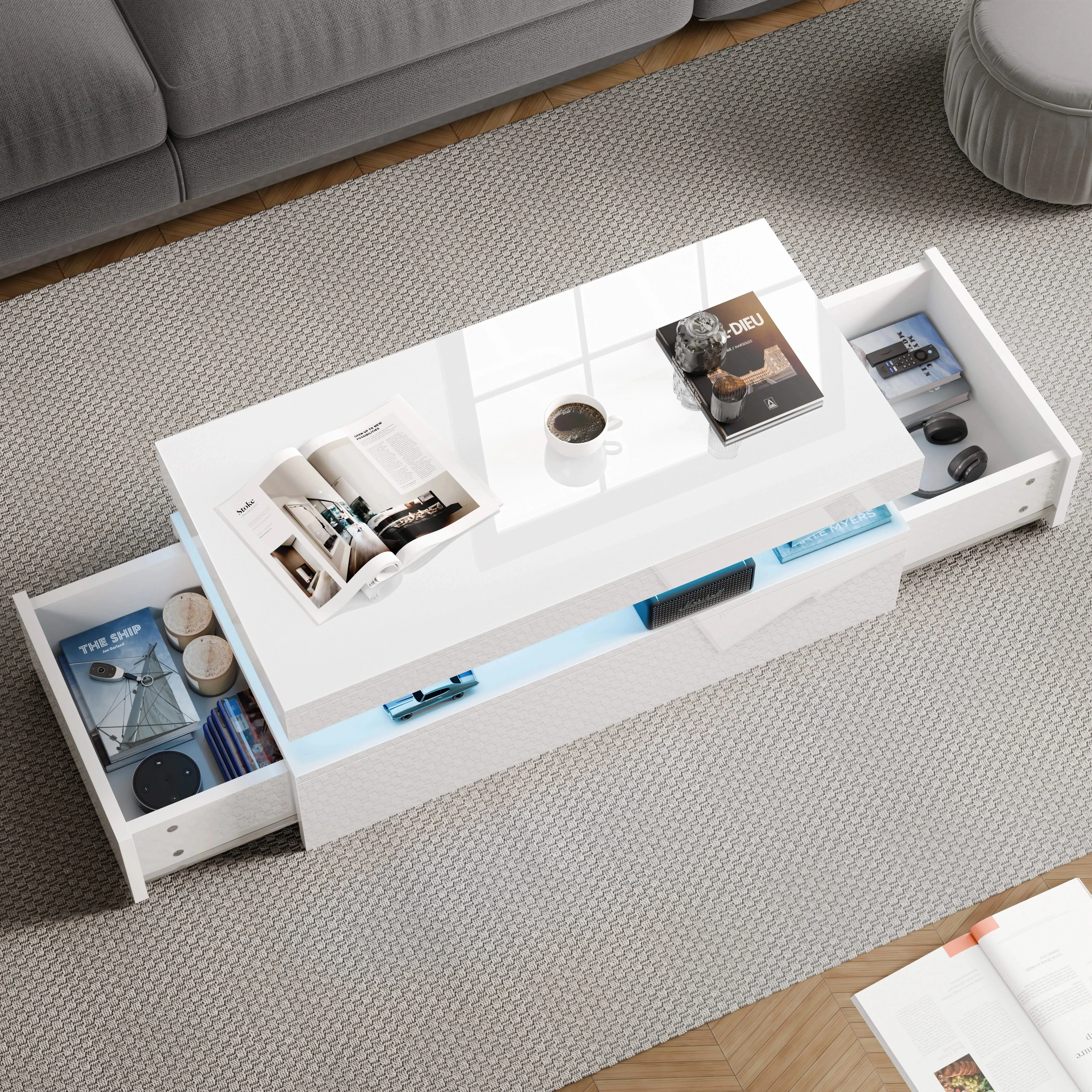 High Gloss Coffee Table with Drawers & LED Lights - White alternate view