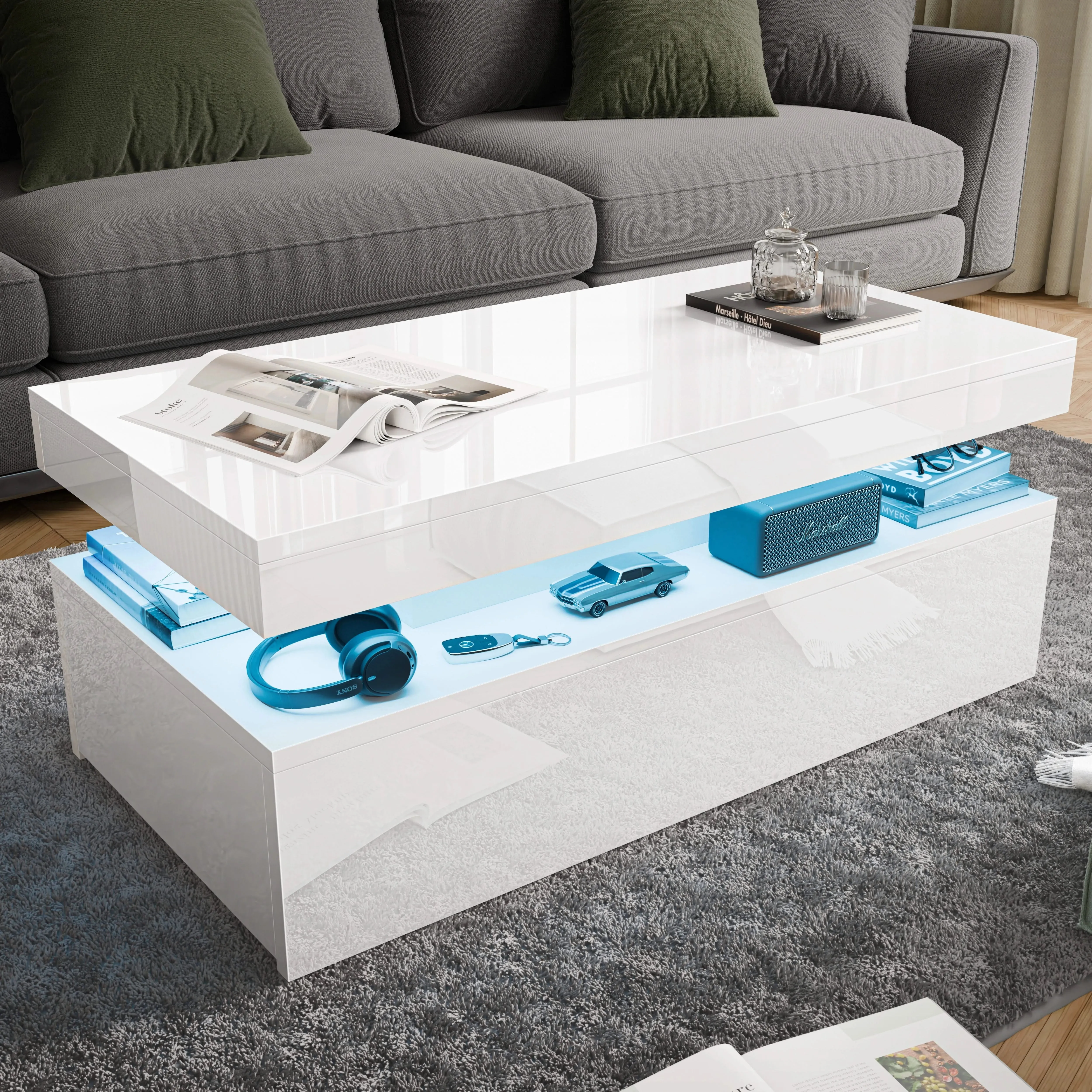 High Gloss Coffee Table with Drawers & LED Lights - White product