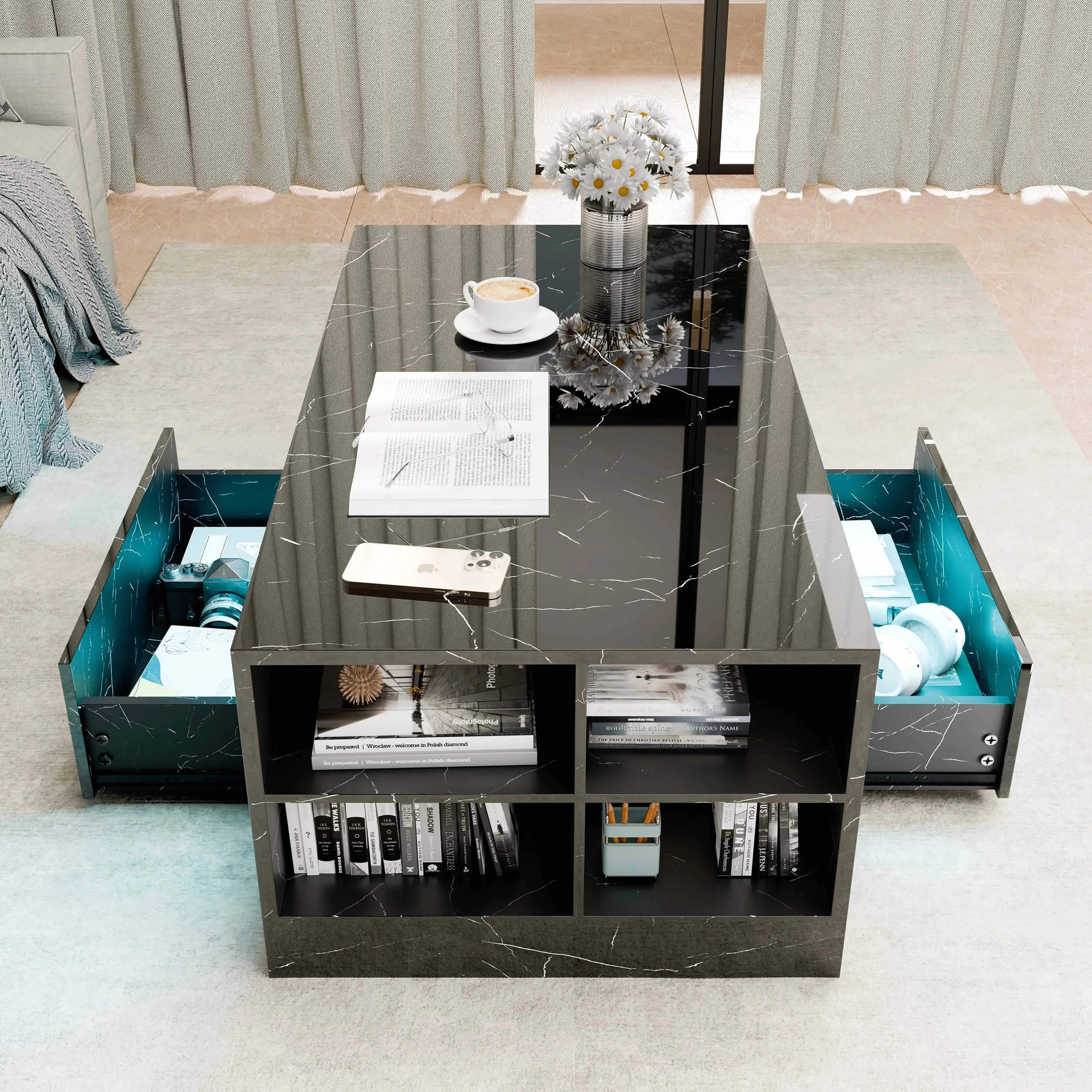 High Gloss Coffee Table with LED Lights & Storage Drawers - Black Marble alternate view