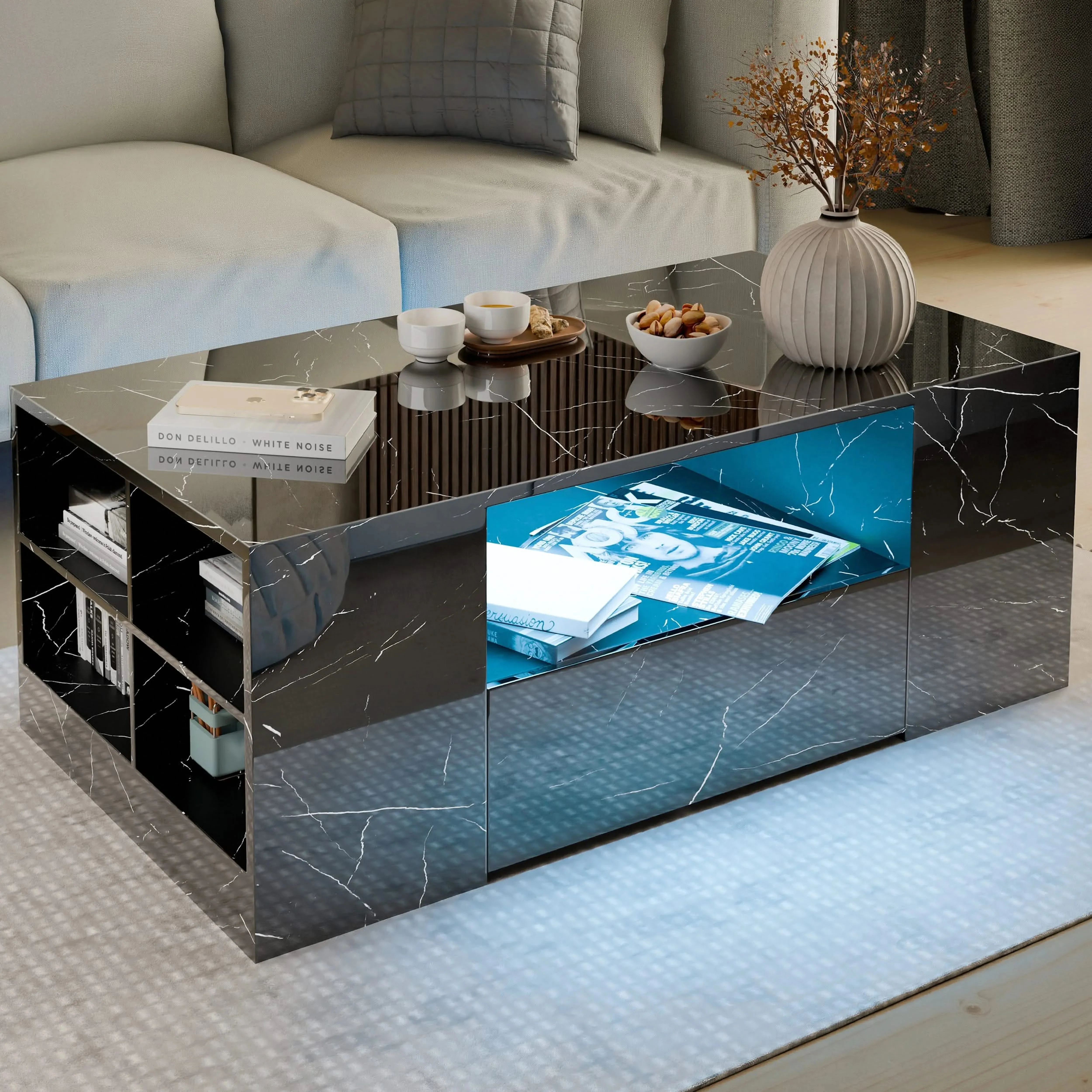 High Gloss Coffee Table with LED Lights & Storage Drawers - Black Marble product