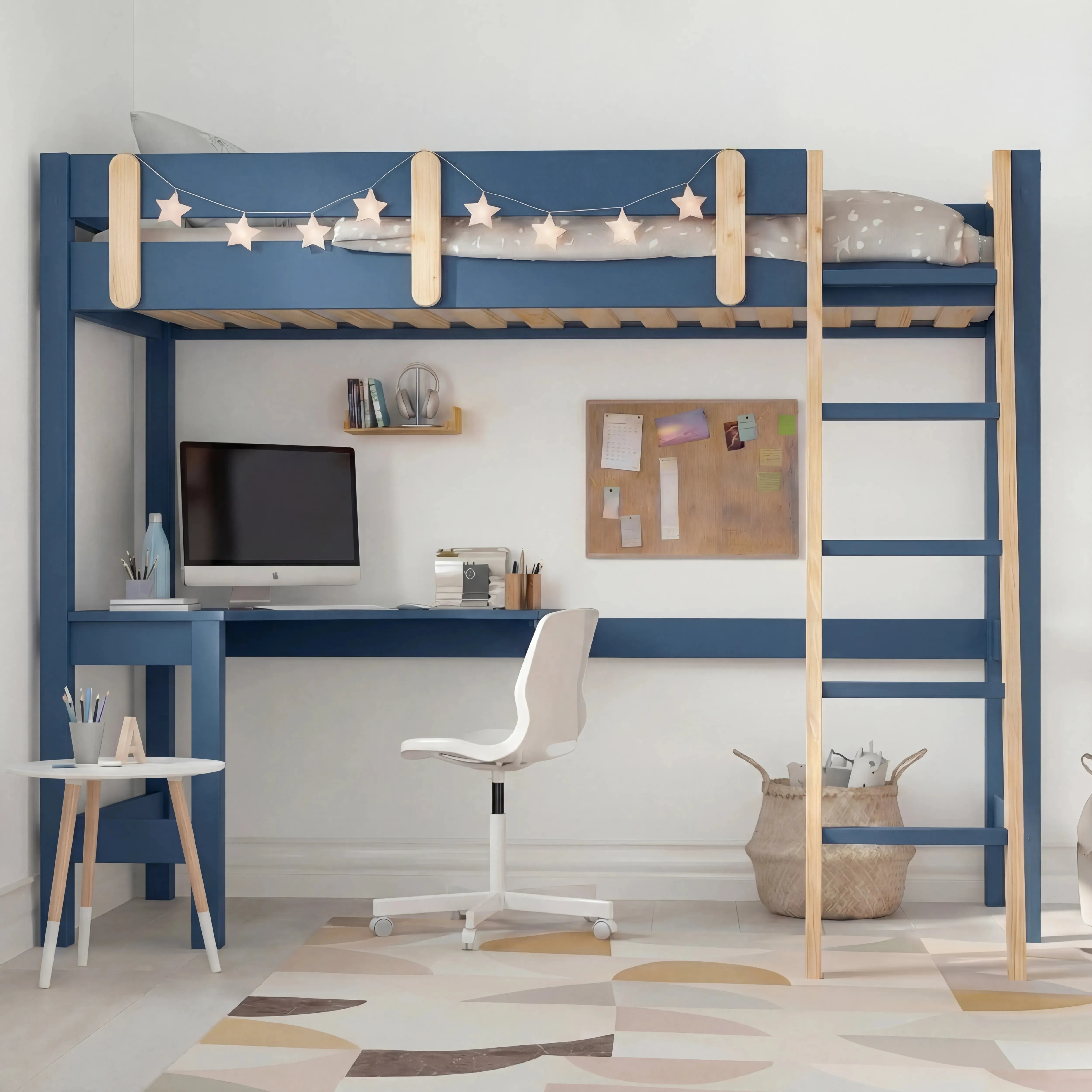 High Sleeper Loft Bed Frame with Desk - Blue, Pine alternate view