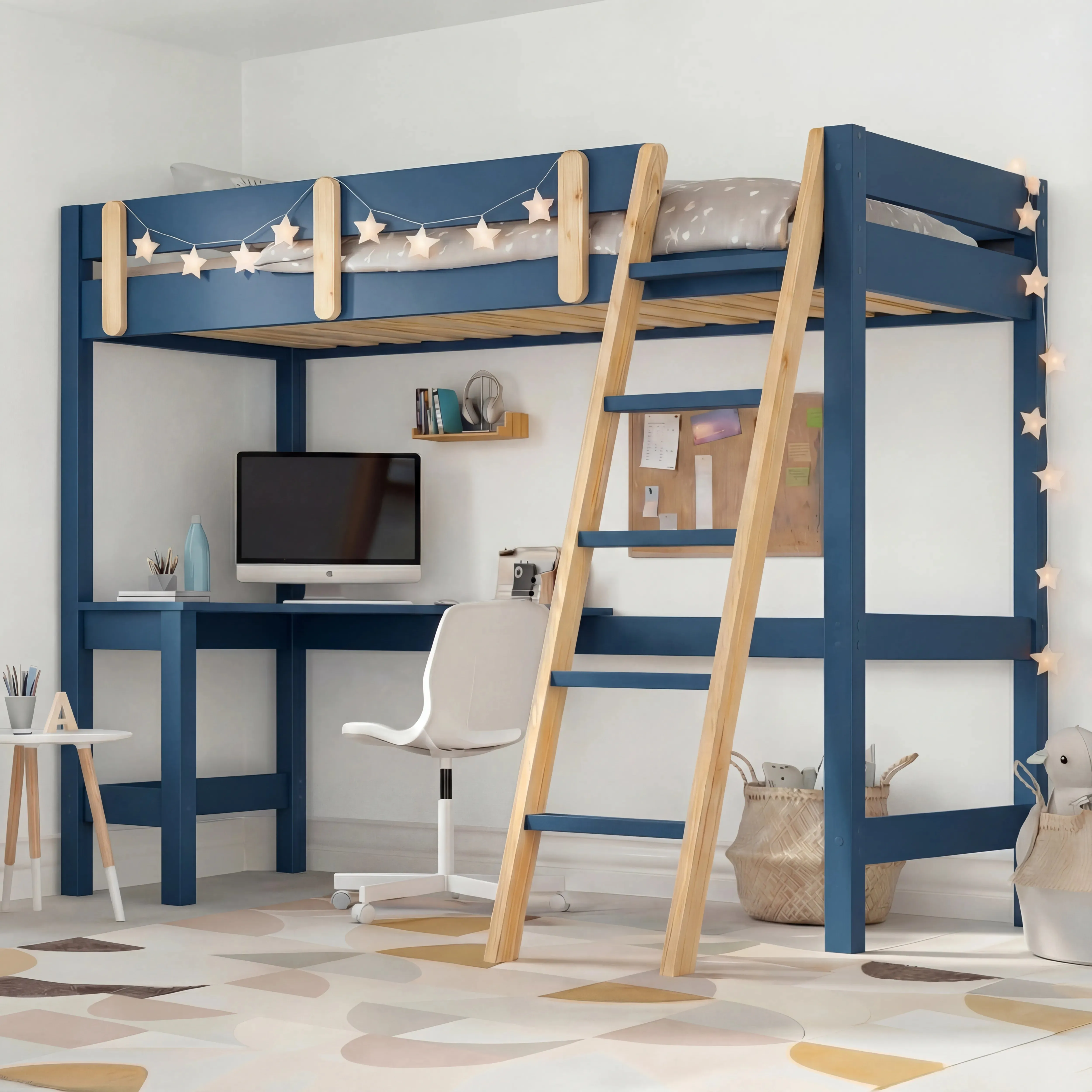 High Sleeper Loft Bed Frame with Desk - Blue, Pine product