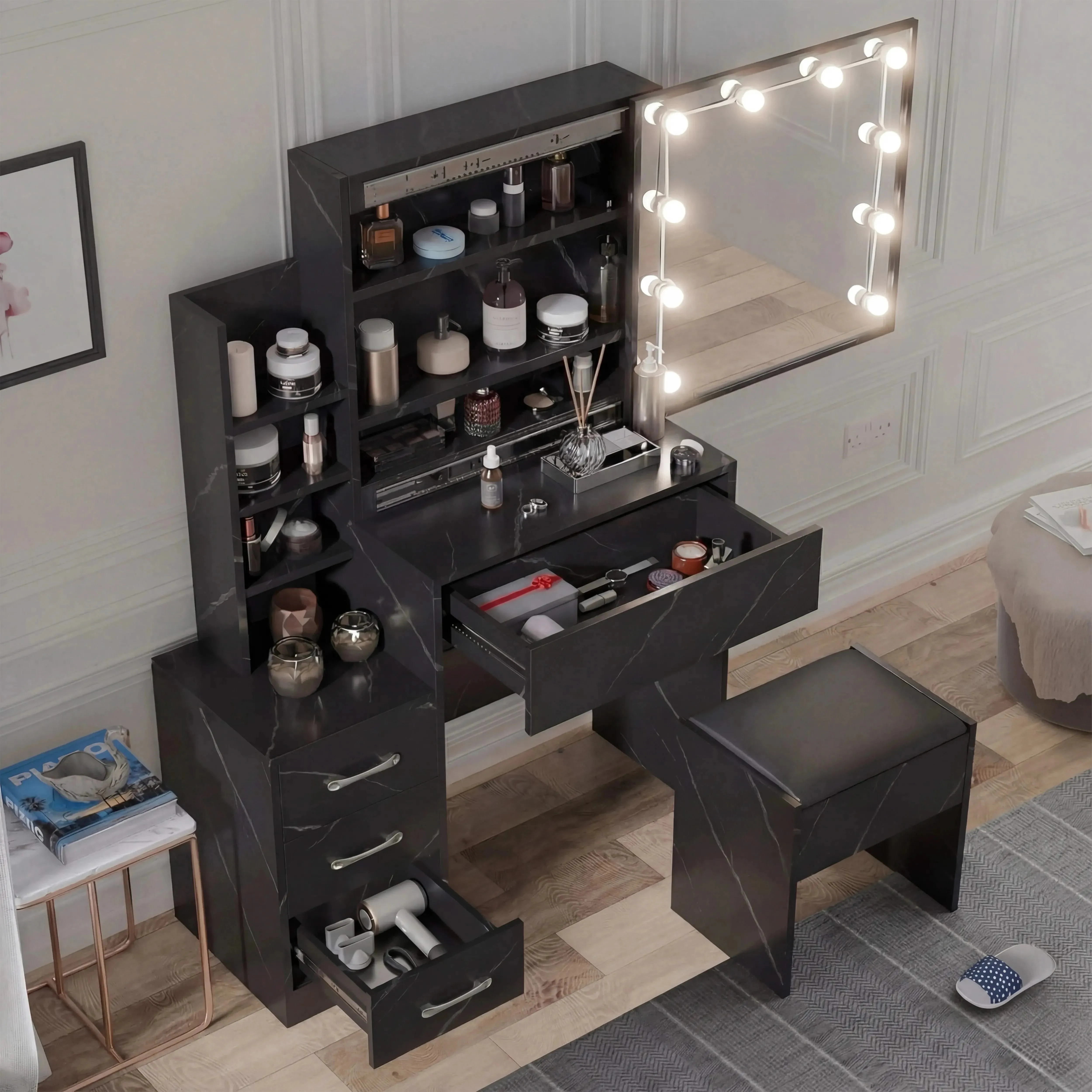 Hollywood Dressing Table with Storage & LED Mirror - Black Marble alternate view