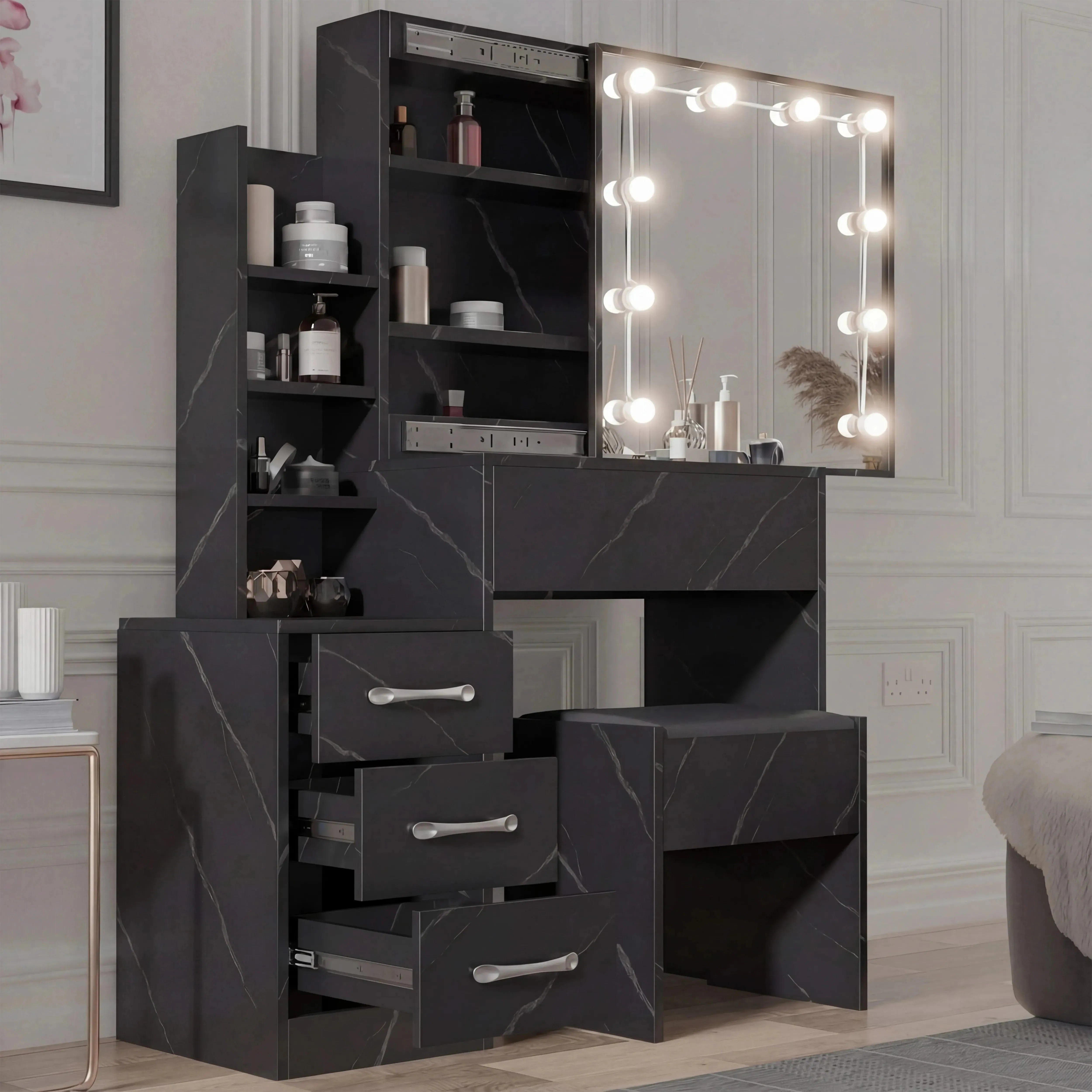 Hollywood Dressing Table with Storage & LED Mirror - Black Marble product